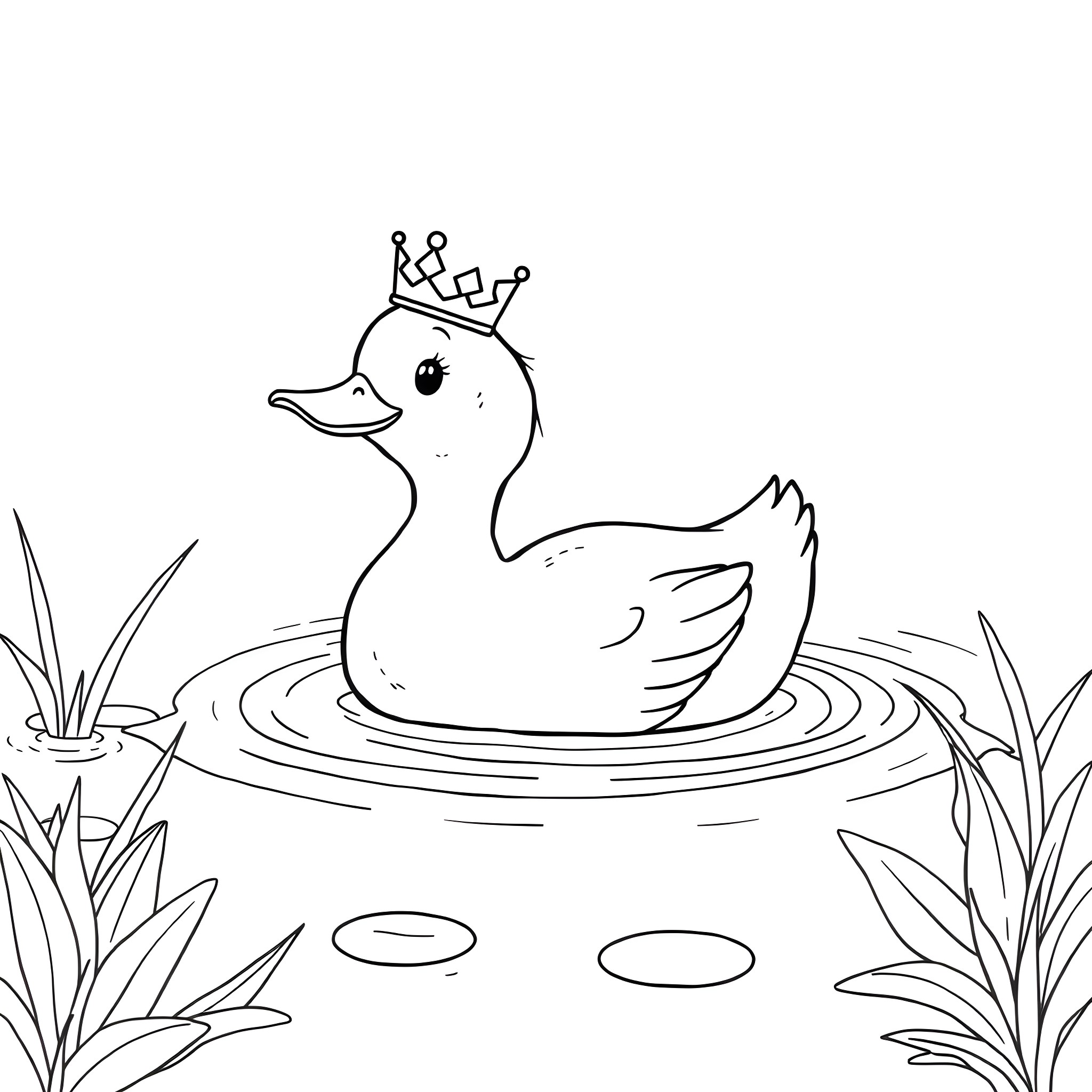 Duck with crown swimming in pond Coloring Page (free black-and-white line drawing printable PDF for all, from beginners to advanced learners, including children, teens, adults, and seniors)