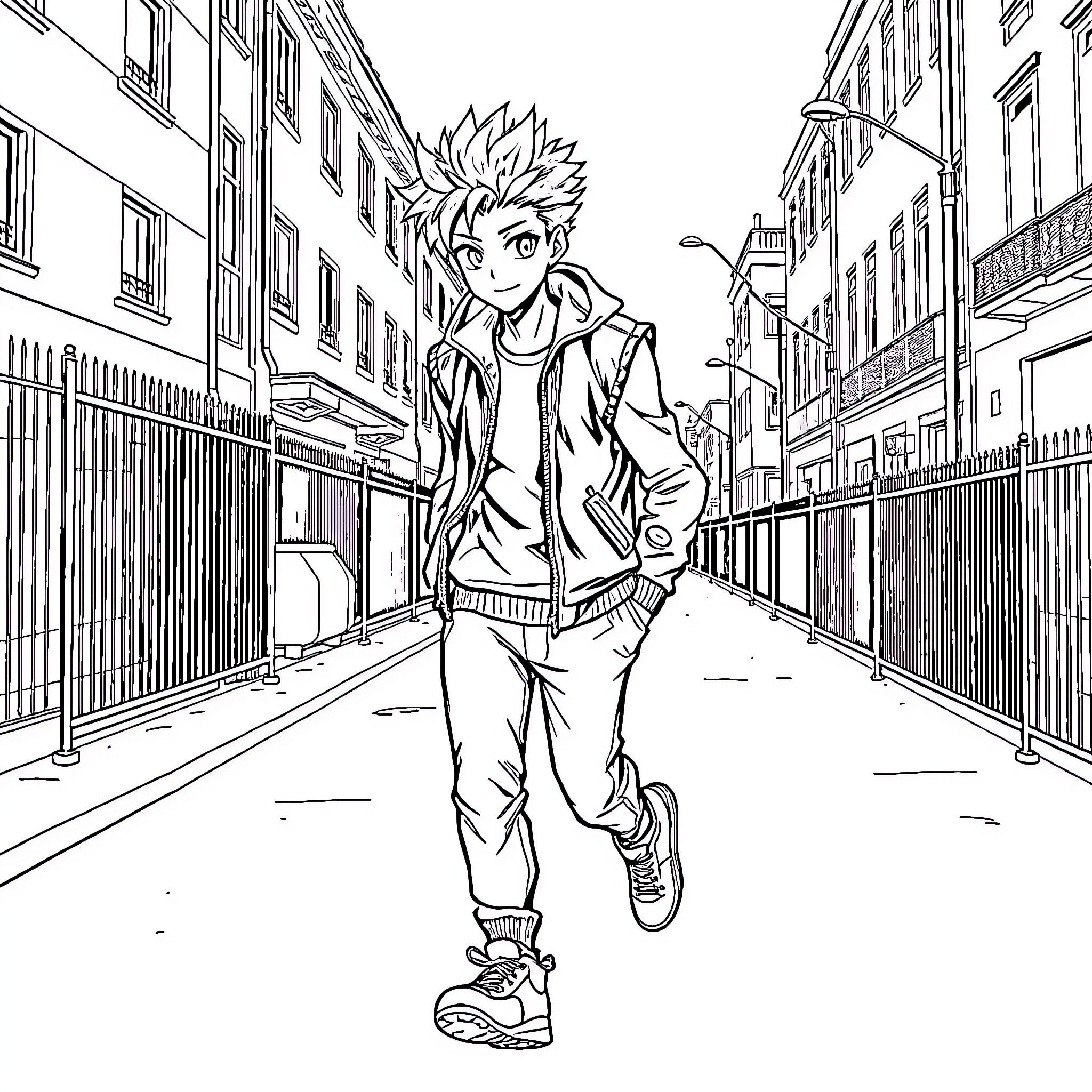 Boy strolling down a city street with confidence Coloring Page (free black-and-white line drawing printable PDF for all, from beginners to advanced learners, including children, teens, adults, and seniors)