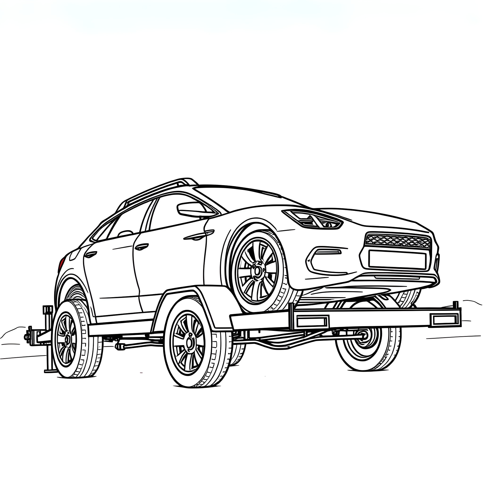 Car Trailer carrying a modern crossover SUV Coloring Page (free black-and-white line drawing printable PDF for all, from beginners to advanced learners, including children, teens, adults, and seniors)