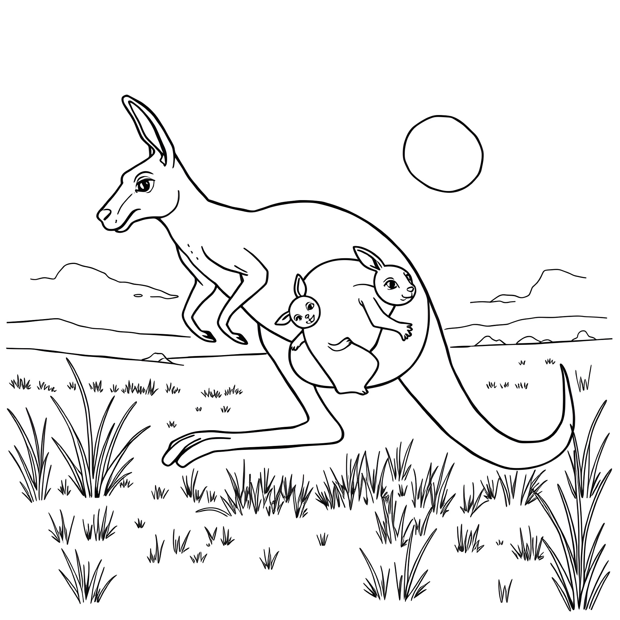 Kangaroos hopping in the bushes Coloring Page (free black-and-white line drawing printable PDF for all, from beginners to advanced learners, including children, teens, adults, and seniors)