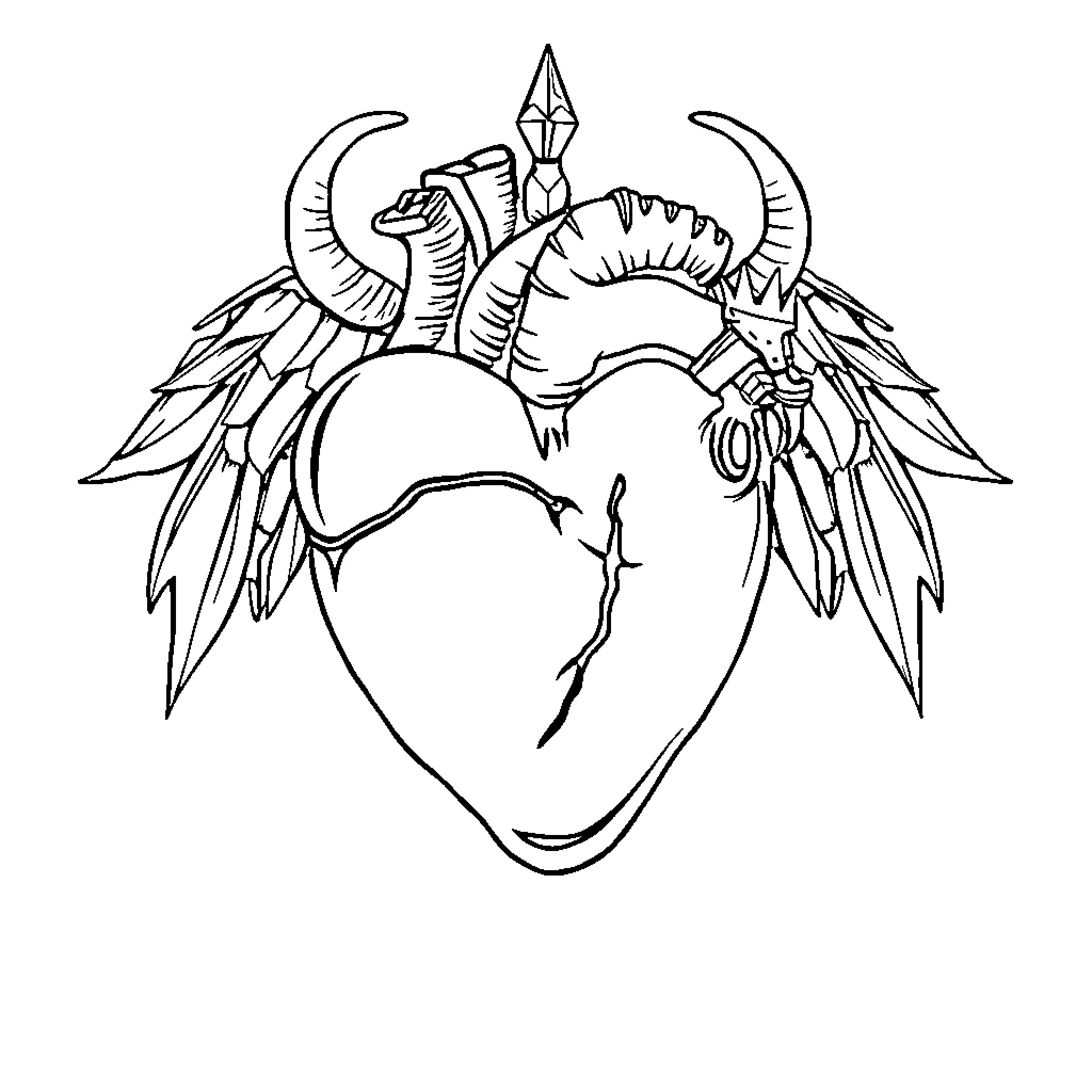 Heart of Winged Mythical Creature Coloring Page (free black-and-white line drawing printable PDF for all, from beginners to advanced learners, including children, teens, adults, and seniors)