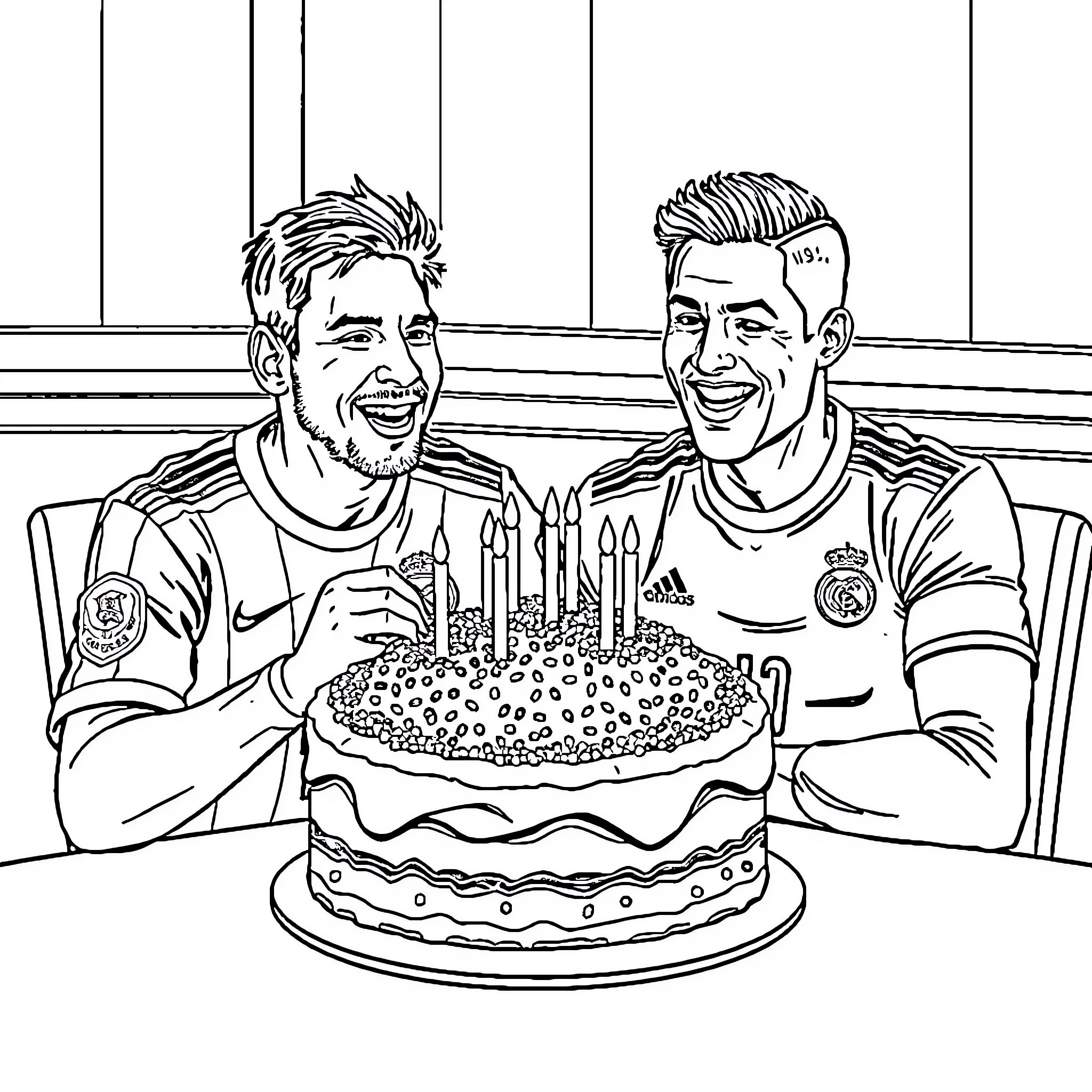 Messi and his teammate celebrating with birthday cake Coloring Page (free black-and-white line drawing printable PDF for all, from beginners to advanced learners, including children, teens, adults, and seniors)