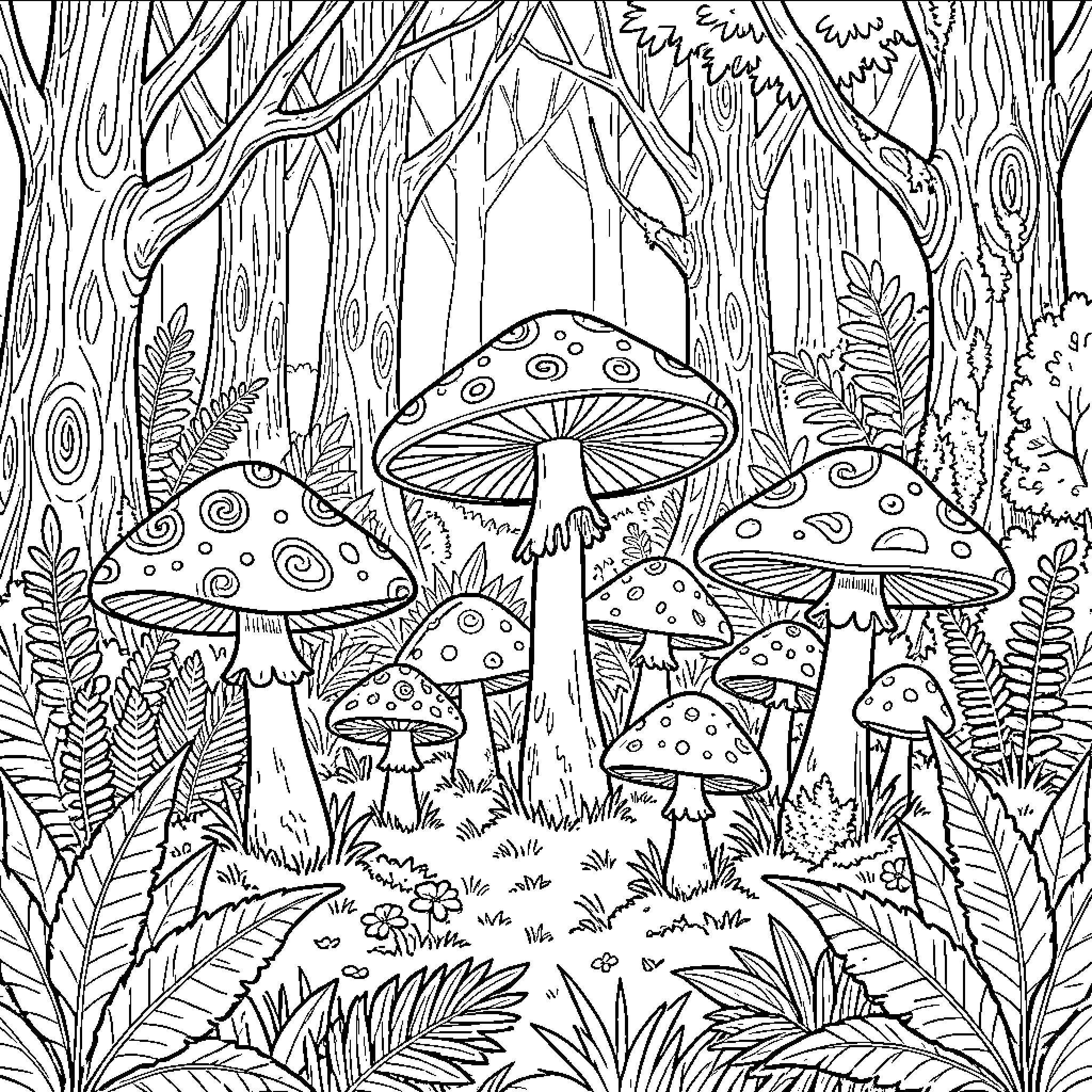 Mushroom forest with whimsical mushroom shapes Coloring Page (free black-and-white line drawing printable PDF for all, from beginners to advanced learners, including children, teens, adults, and seniors)