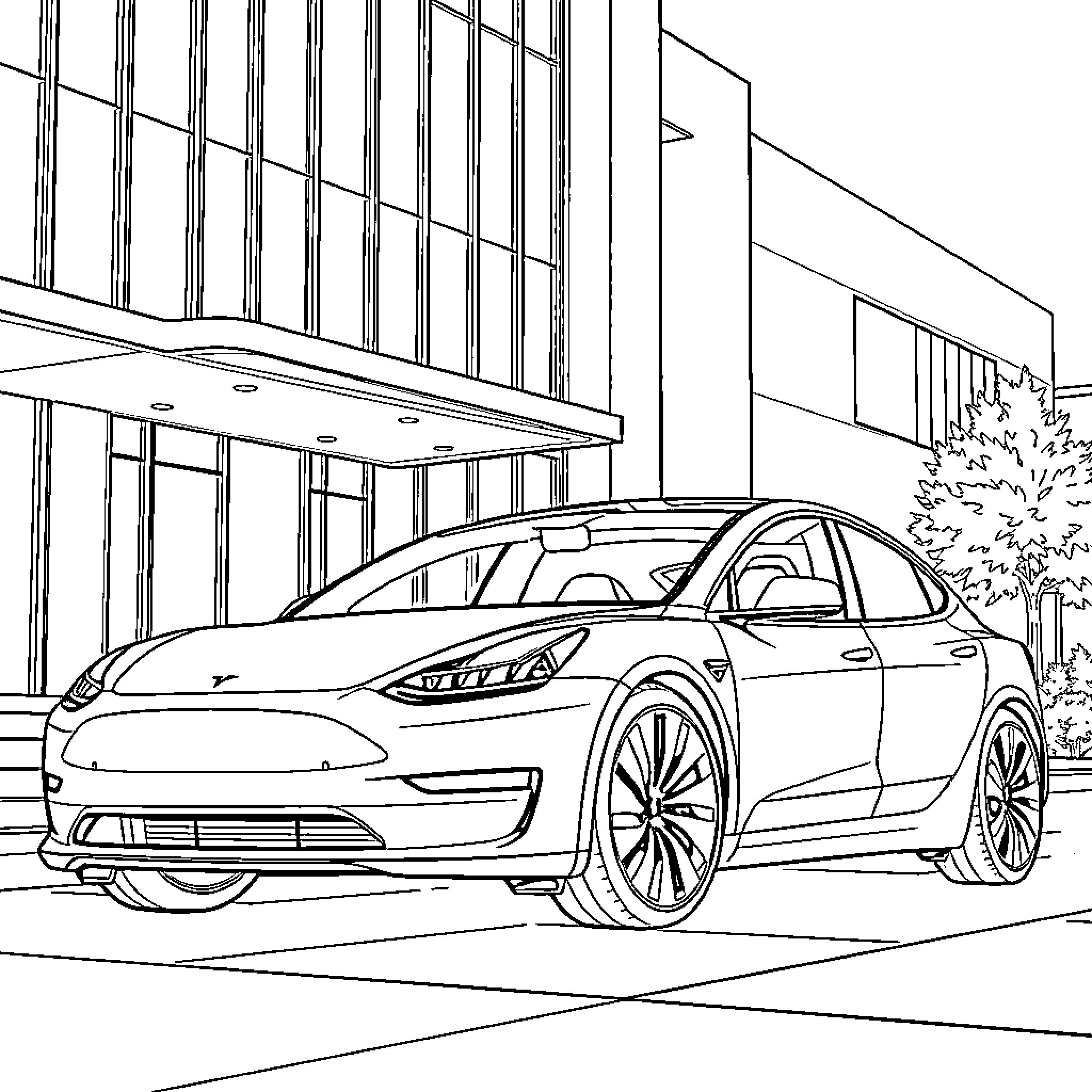 Tesla Model Y parked outside modern building Coloring Page (free black-and-white line drawing printable PDF for all, from beginners to advanced learners, including children, teens, adults, and seniors)