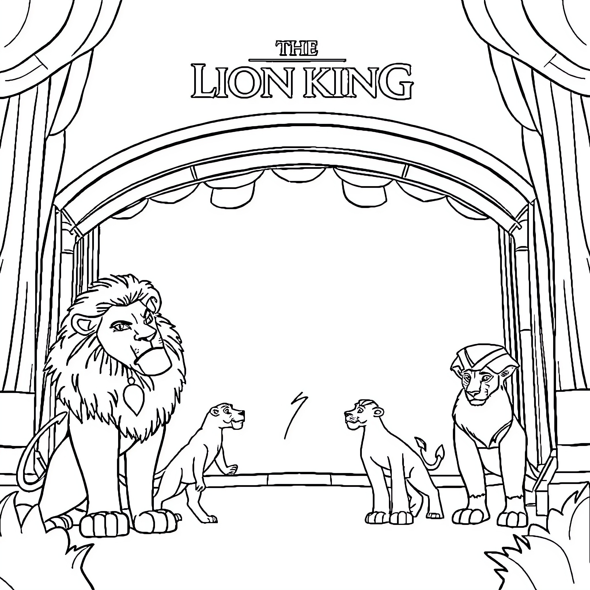 Lion king on theater stage Coloring Page (free black-and-white line drawing printable PDF for all, from beginners to advanced learners, including children, teens, adults, and seniors)
