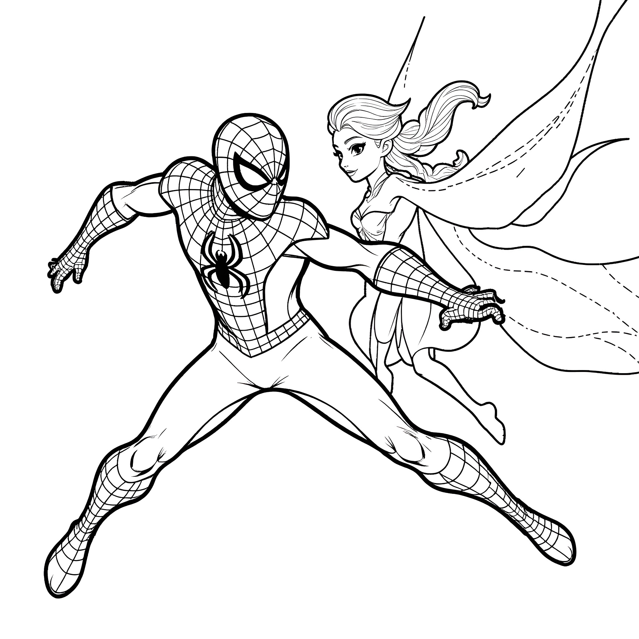 Spiderman Swinging Heroically with Fairy Companion Coloring Page (free black-and-white line drawing printable PDF for all, from beginners to advanced learners, including children, teens, adults, and seniors)