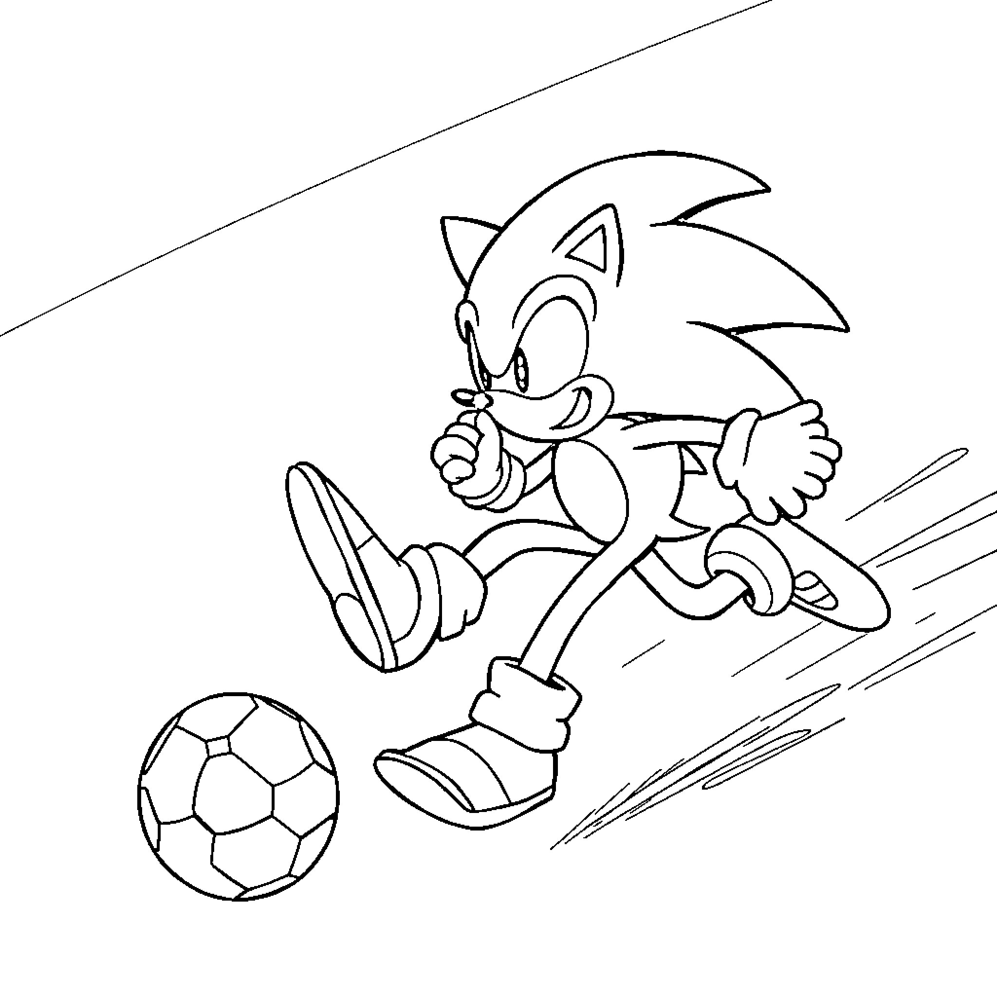 Sonic speeding and kicking soccer ball Coloring Page (free black-and-white line drawing printable PDF for all, from beginners to advanced learners, including children, teens, adults, and seniors)