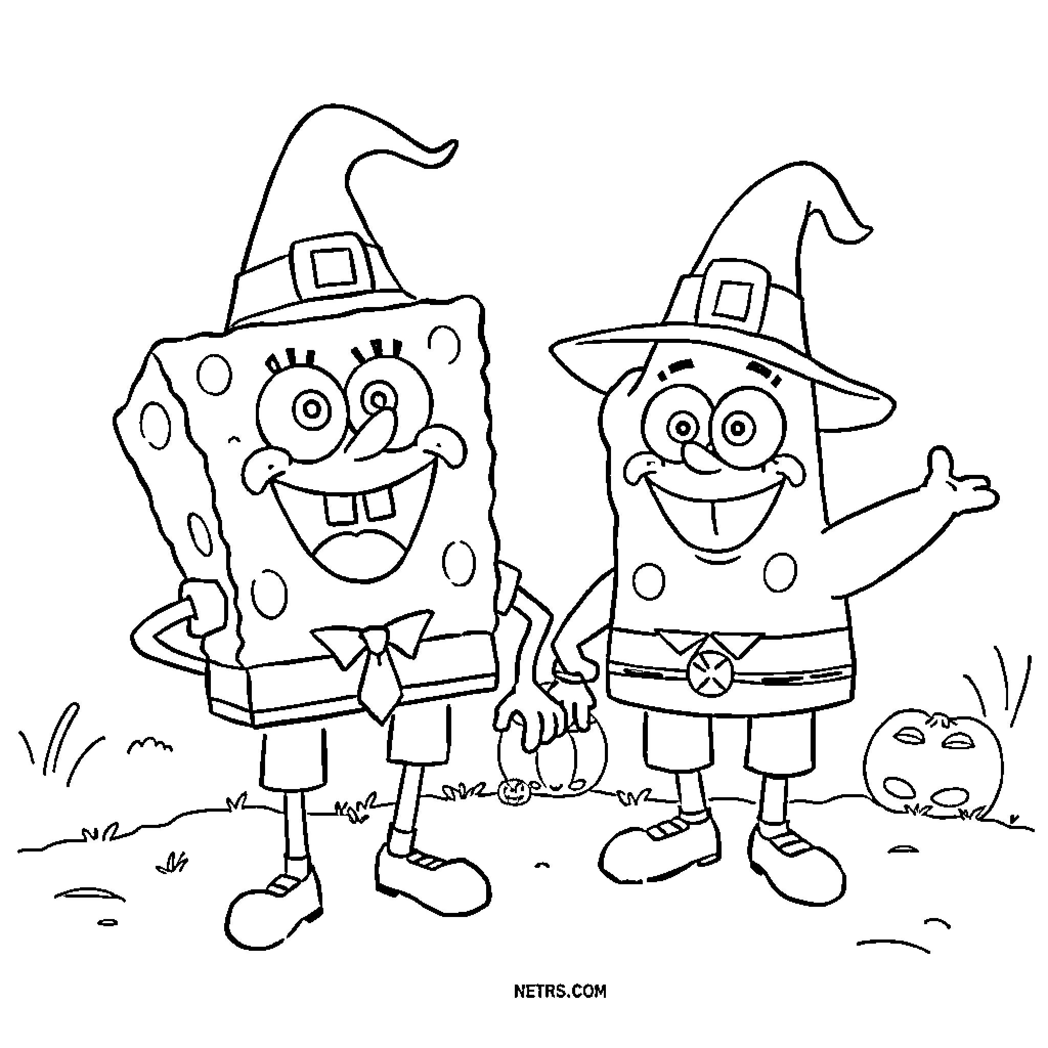 Spongebob and Patrick wearing Halloween costumes Coloring Page (free black-and-white line drawing printable PDF for all, from beginners to advanced learners, including children, teens, adults, and seniors)