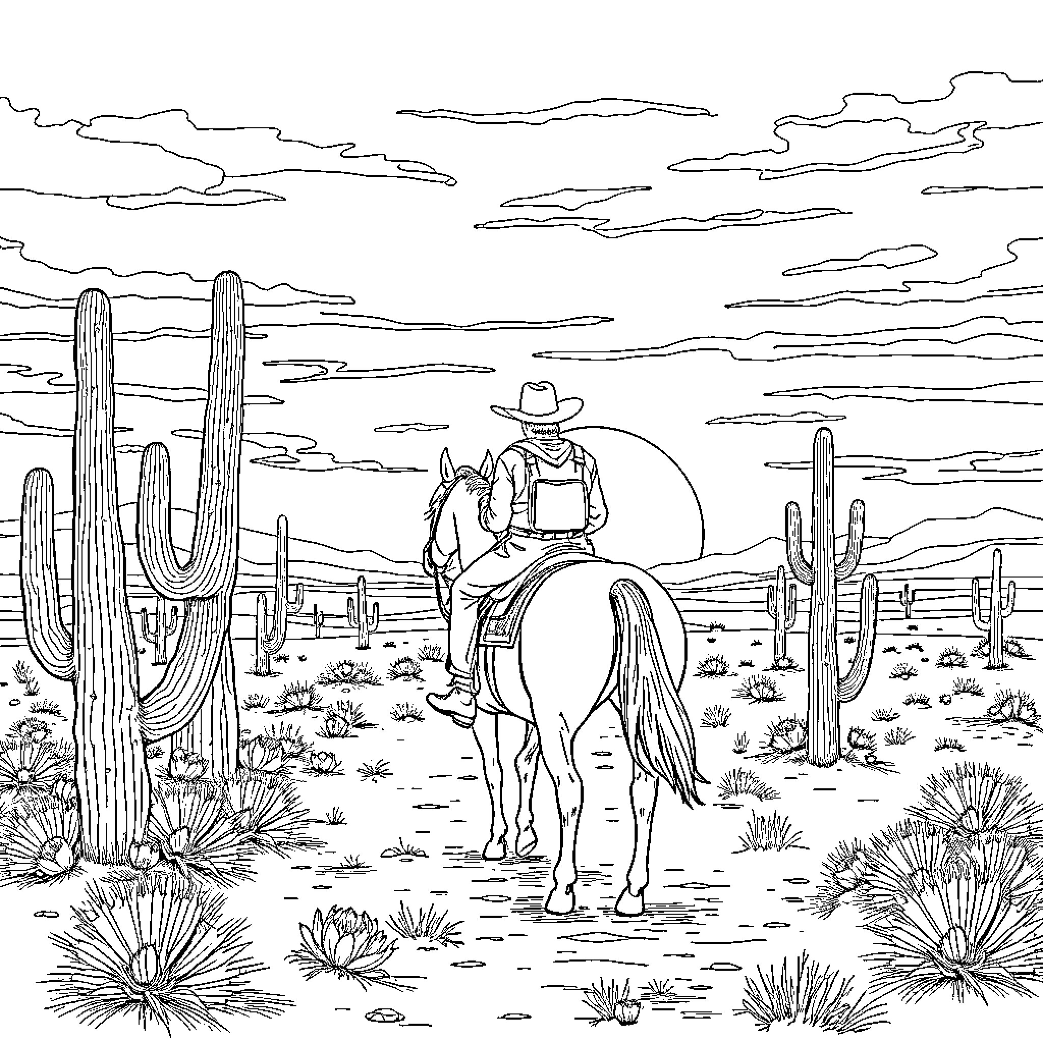 Cowboy riding horse through desert landscape Coloring Page (free black-and-white line drawing printable PDF for all, from beginners to advanced learners, including children, teens, adults, and seniors)