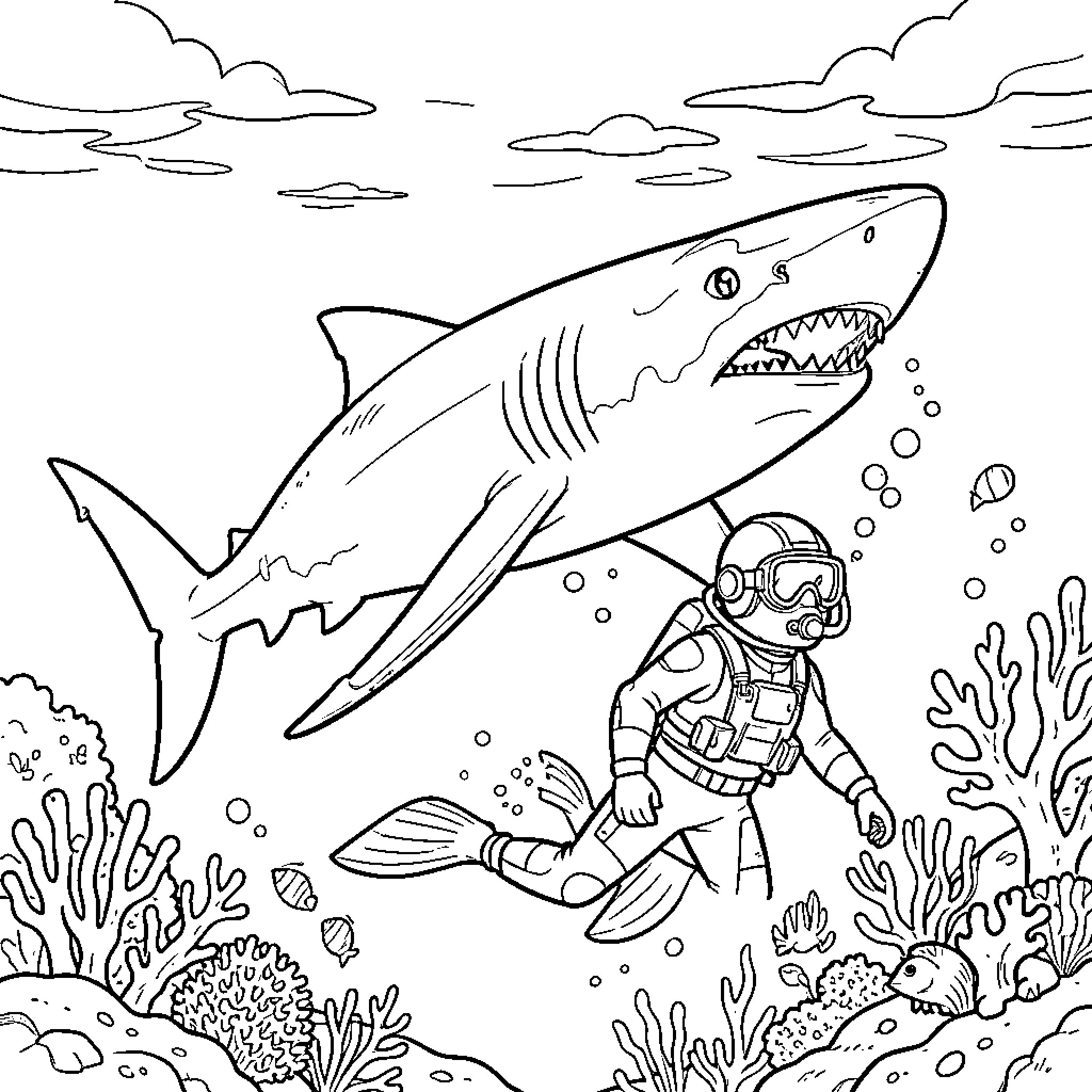 Diver exploring the underwater world with a shark Coloring Page (free black-and-white line drawing printable PDF for all, from beginners to advanced learners, including children, teens, adults, and seniors)