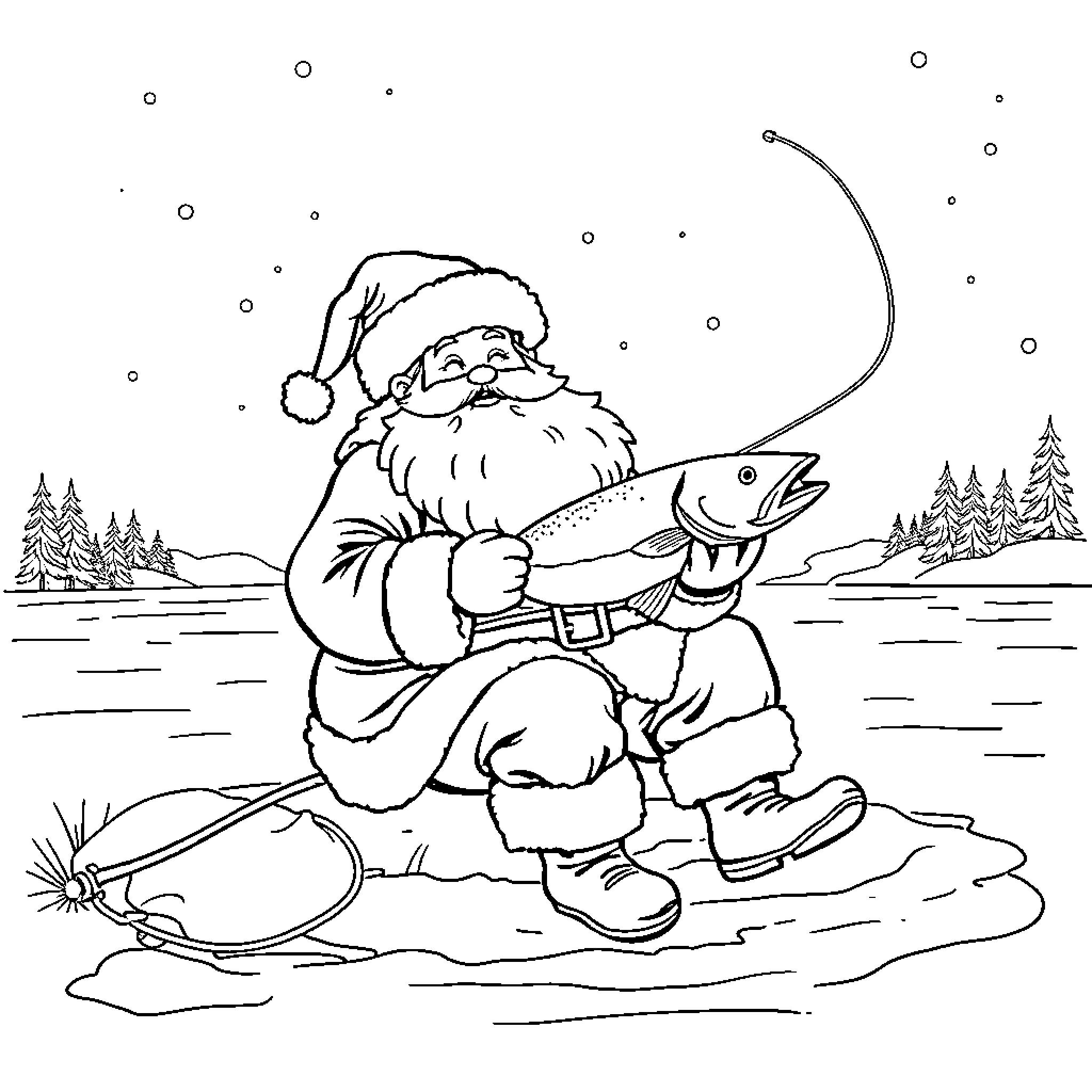 Santa fishing on a snowy winter day Coloring Page (free black-and-white line drawing printable PDF for all, from beginners to advanced learners, including children, teens, adults, and seniors)