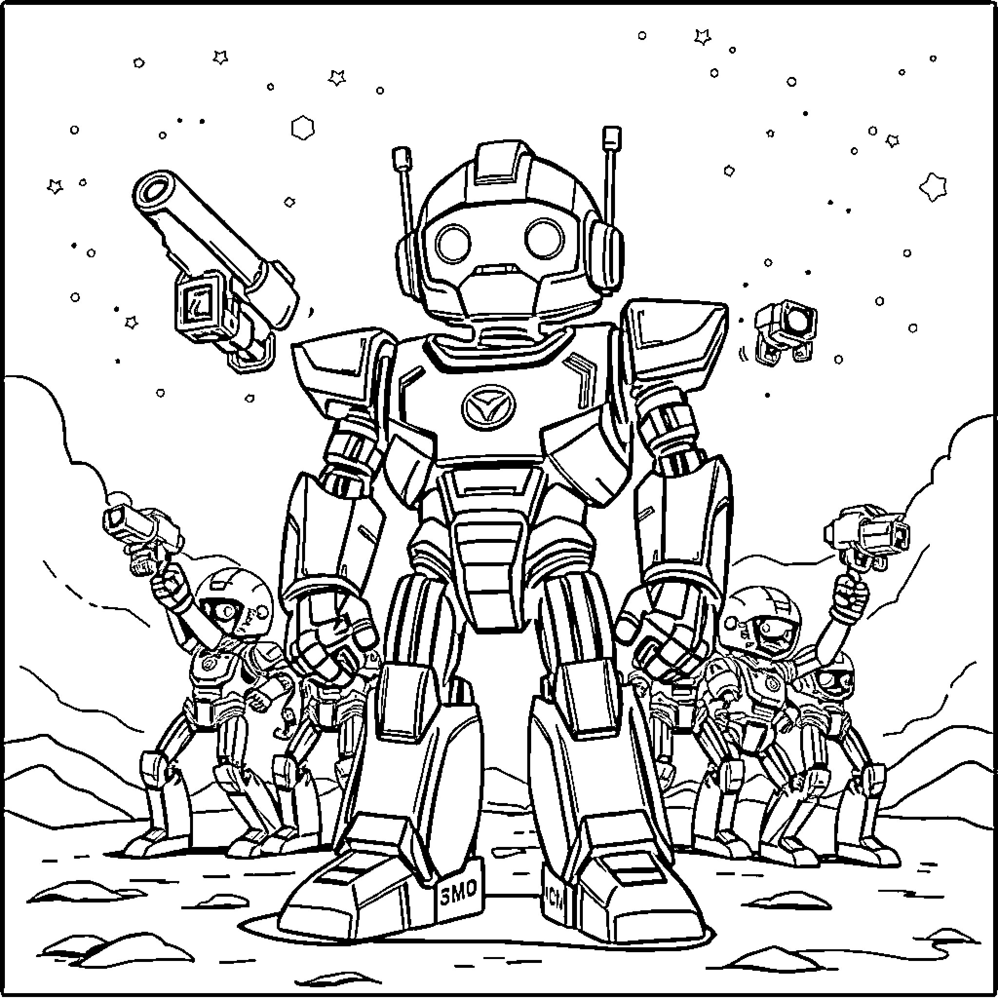 Astro Bot and Robotic Companions in Futuristic Landscape Coloring Page (free black-and-white line drawing printable PDF for all, from beginners to advanced learners, including children, teens, adults, and seniors)
