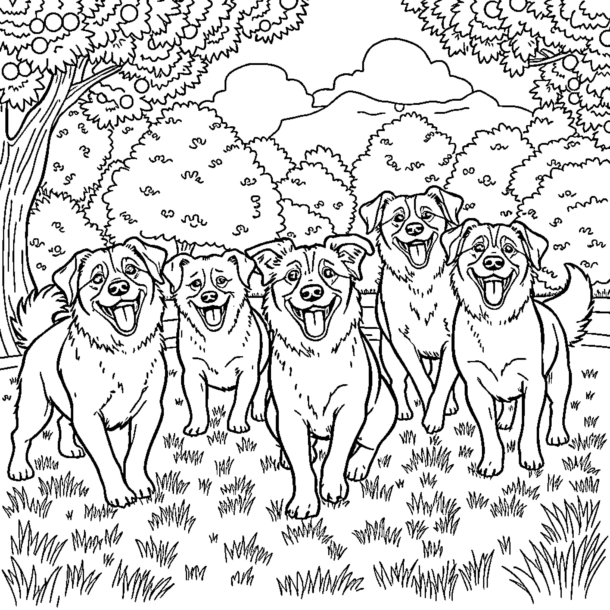 Dog pack playing happily in the forest Coloring Page (free black-and-white line drawing printable PDF for all, from beginners to advanced learners, including children, teens, adults, and seniors)