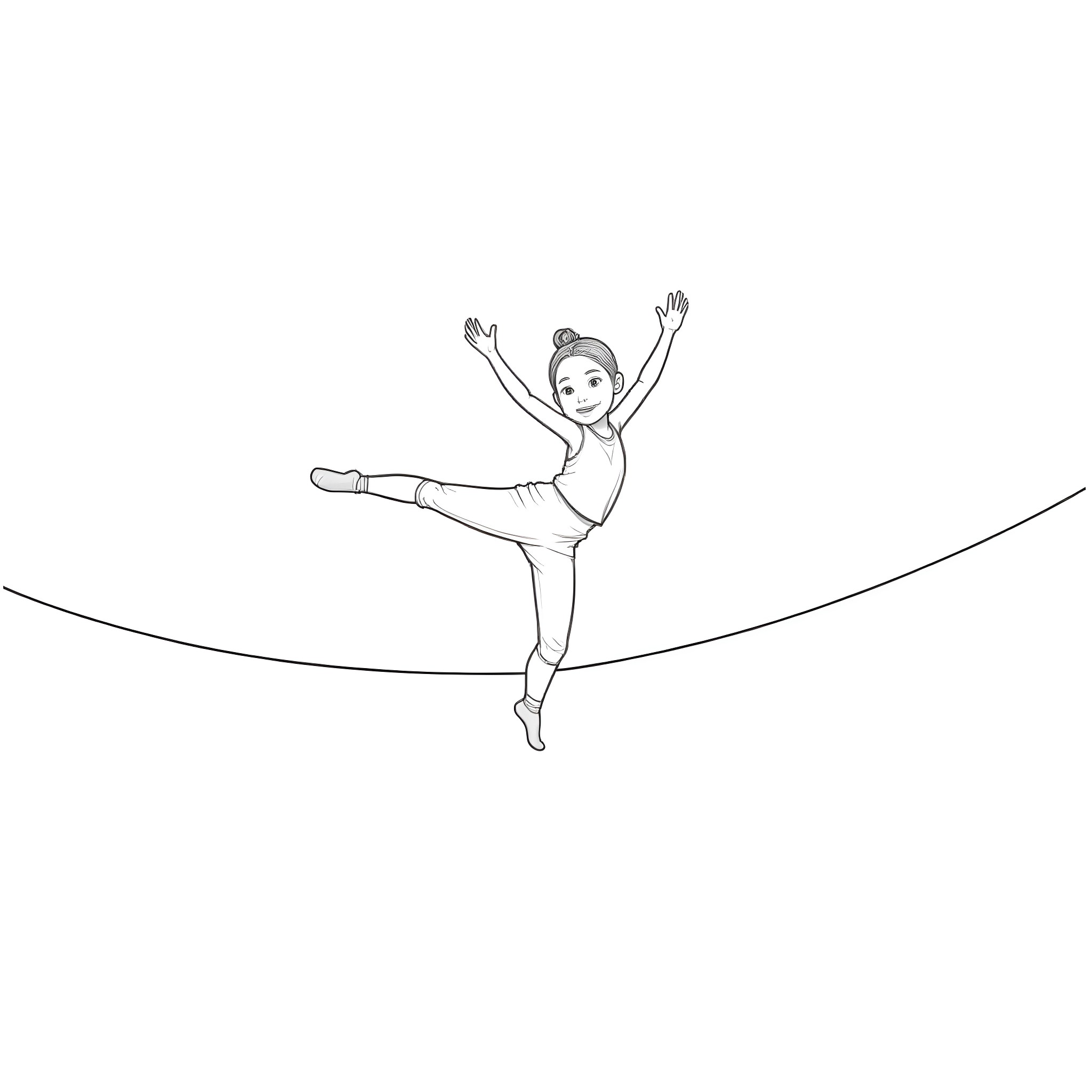 Acrobat Balances on Tightrope with Grace Coloring Page (free black-and-white line drawing printable PDF for all, from beginners to advanced learners, including children, teens, adults, and seniors)