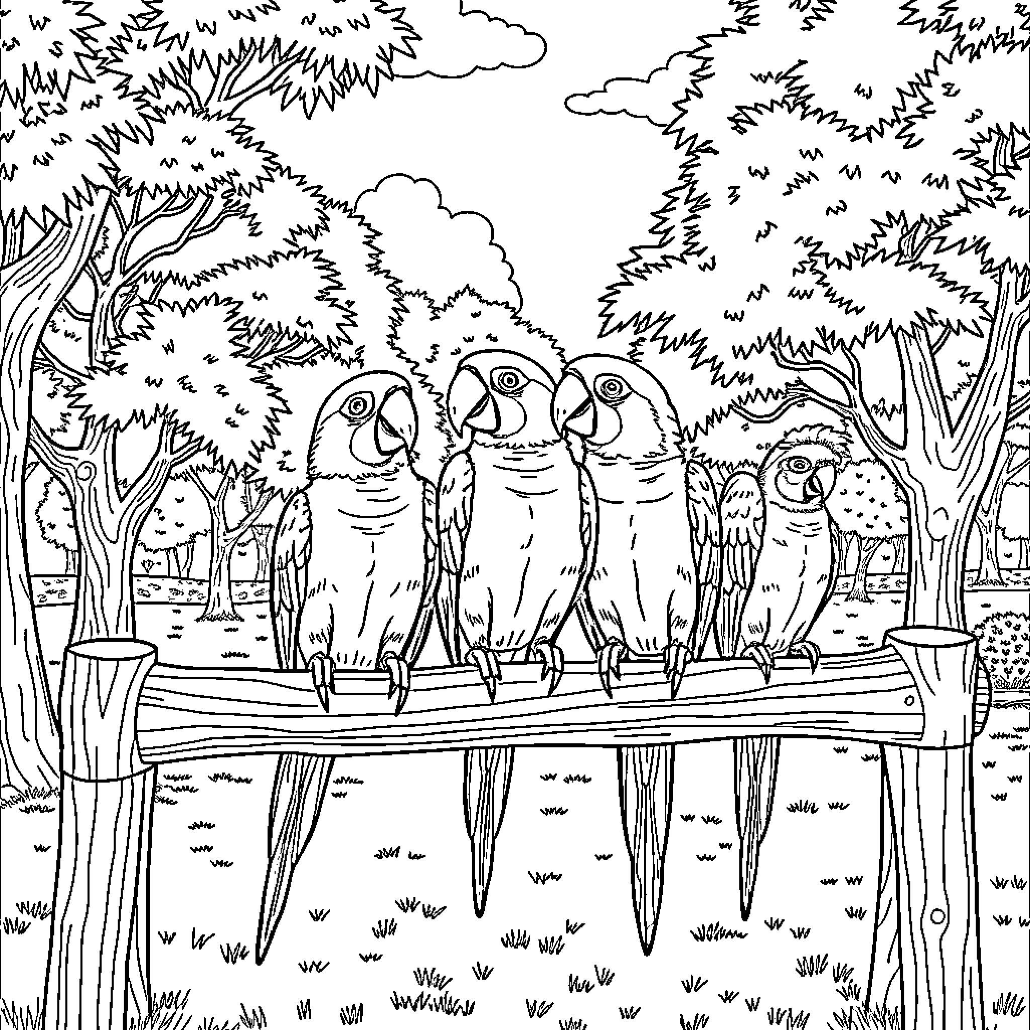 Pionus Parrot Family Gathering in the Forest Coloring Page (free black-and-white line drawing printable PDF for all, from beginners to advanced learners, including children, teens, adults, and seniors)