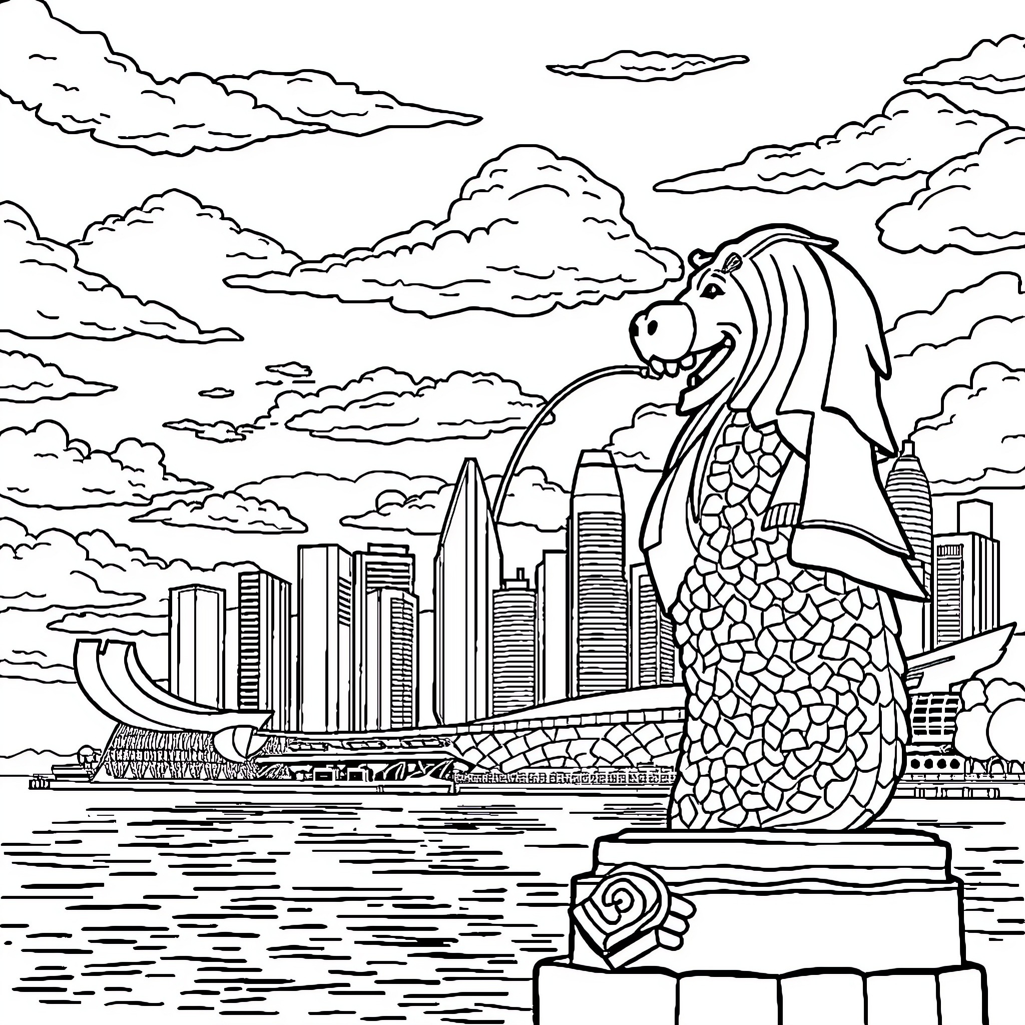 Merlion statue overlooking the cityscape Coloring Page (free black-and-white line drawing printable PDF for all, from beginners to advanced learners, including children, teens, adults, and seniors)