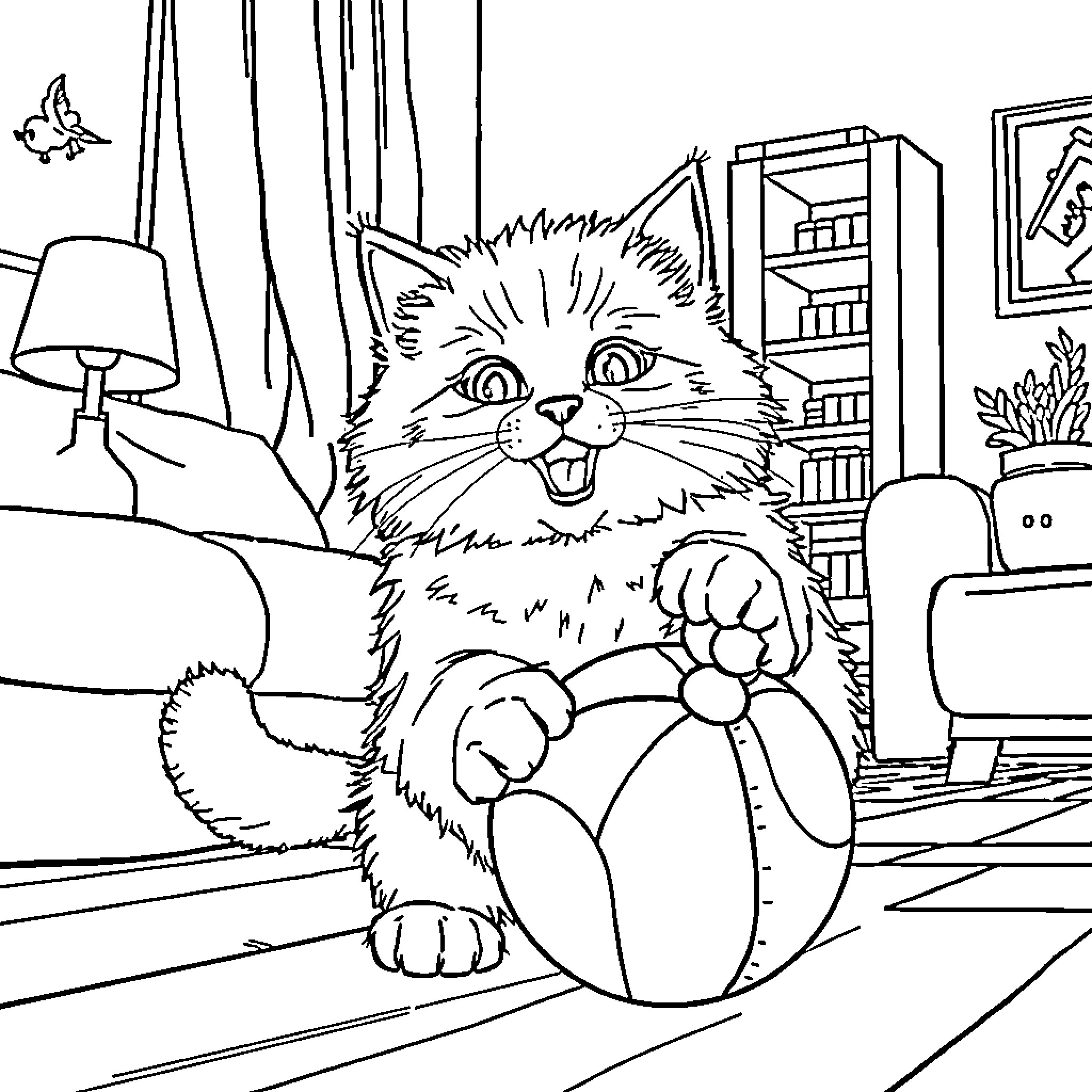 Cat Playing with Toy in Living Room Coloring Page (free black-and-white line drawing printable PDF for all, from beginners to advanced learners, including children, teens, adults, and seniors)