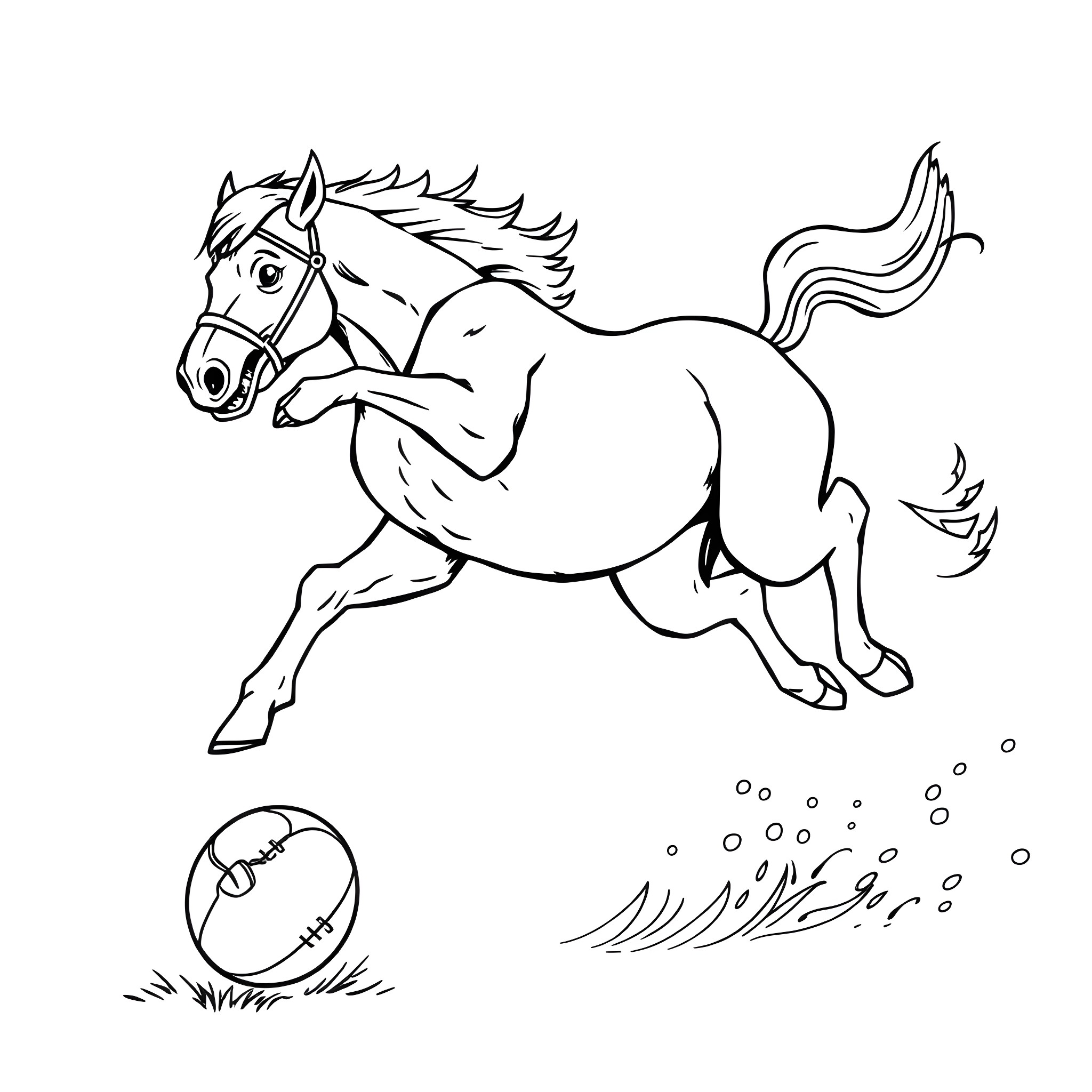 Mustang racing through the field with ball Coloring Page (free black-and-white line drawing printable PDF for all, from beginners to advanced learners, including children, teens, adults, and seniors)