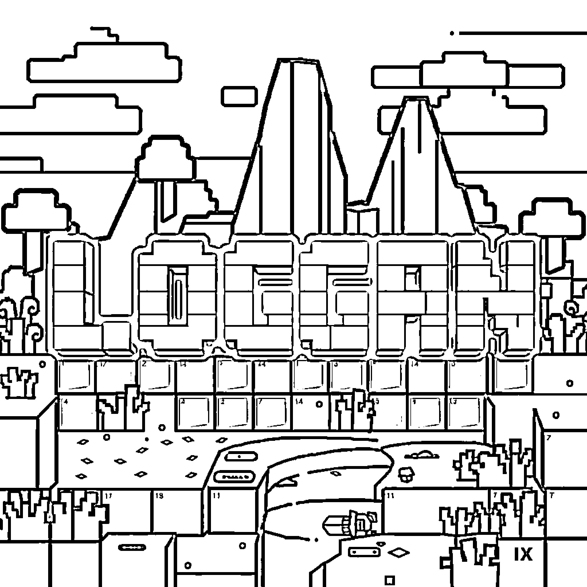 Minecraft City Skyline with Futuristic Architecture Coloring Page (free black-and-white line drawing printable PDF for all, from beginners to advanced learners, including children, teens, adults, and seniors)