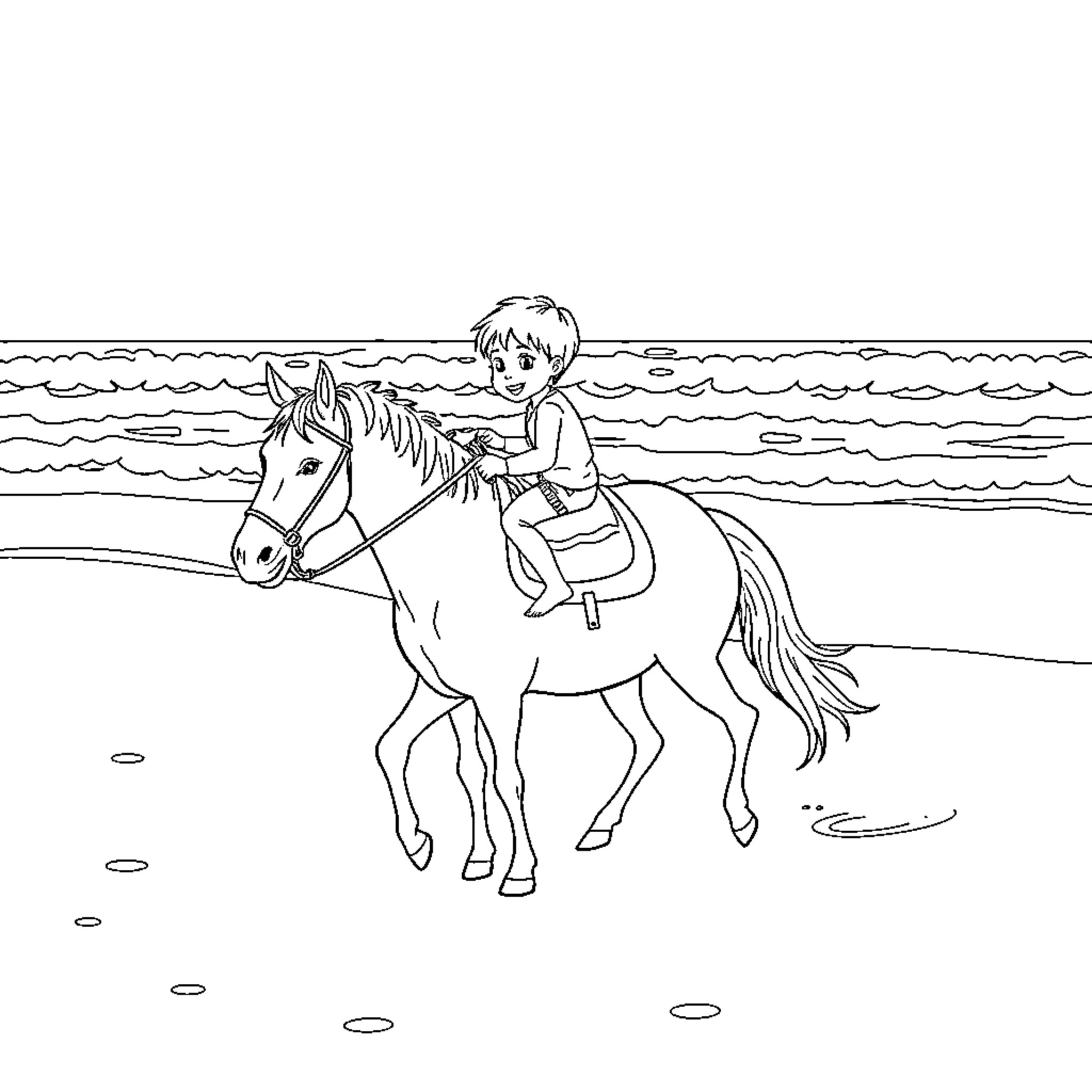 Horse and rider enjoying a peaceful beach ride Coloring Page (free black-and-white line drawing printable PDF for all, from beginners to advanced learners, including children, teens, adults, and seniors)