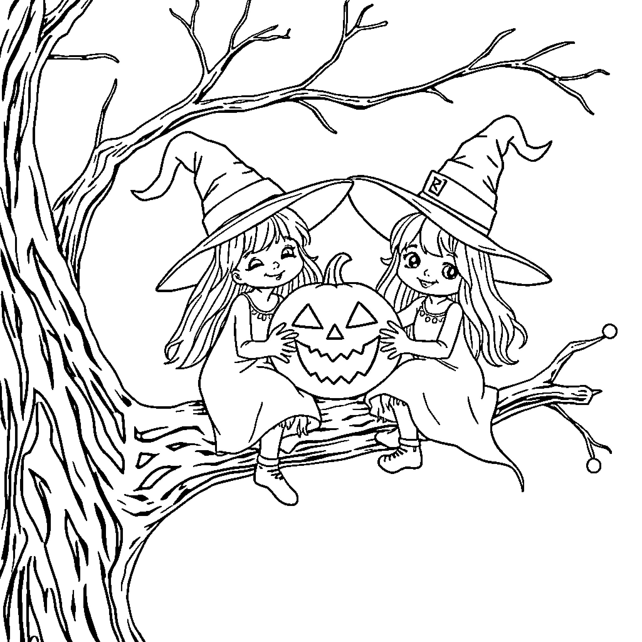 Witch friends carving Halloween pumpkin Coloring Page (free black-and-white line drawing printable PDF for all, from beginners to advanced learners, including children, teens, adults, and seniors)