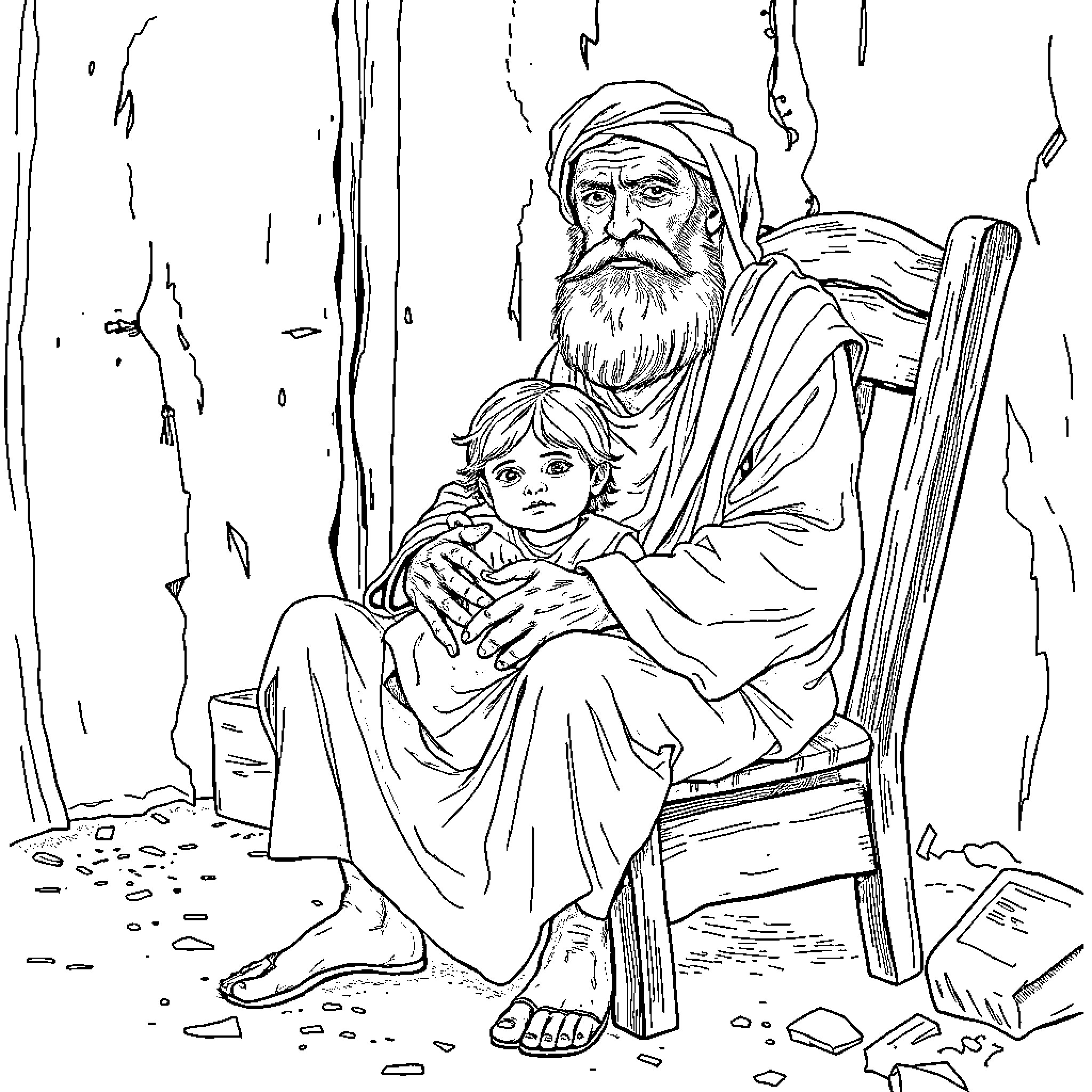 Man with long beard comforting a young child in a rural setting Coloring Page (free black-and-white line drawing printable PDF for all, from beginners to advanced learners, including children, teens, adults, and seniors)