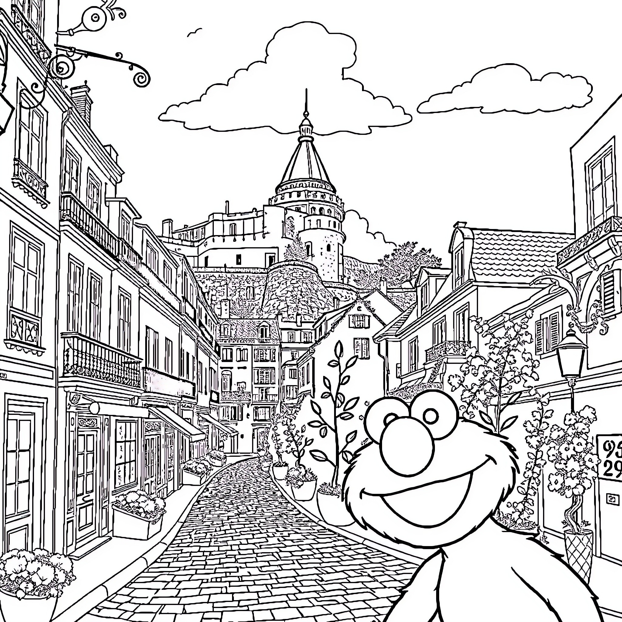 Elmo's Adventure in the Charming City Coloring Page (free black-and-white line drawing printable PDF for all, from beginners to advanced learners, including children, teens, adults, and seniors)