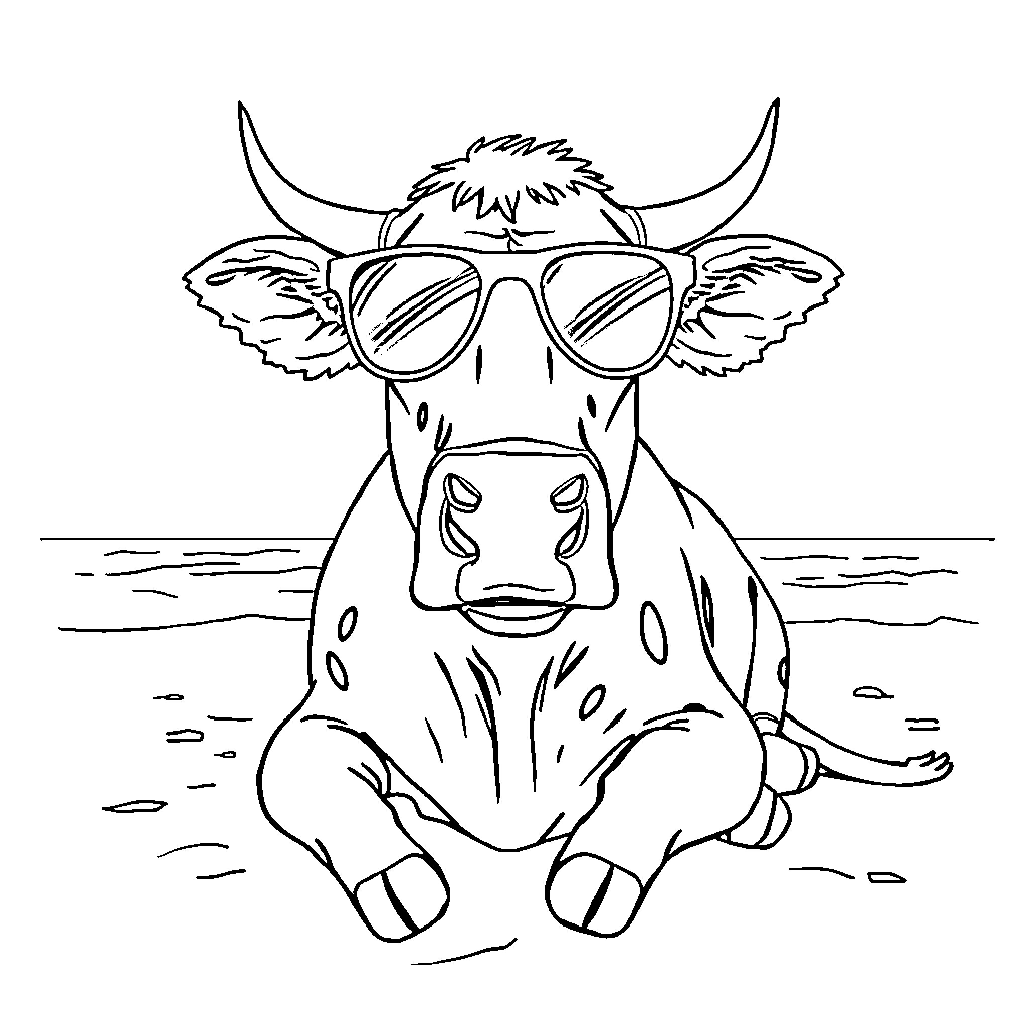 Cow wearing sunglasses and relaxing Coloring Page (free black-and-white line drawing printable PDF for all, from beginners to advanced learners, including children, teens, adults, and seniors)
