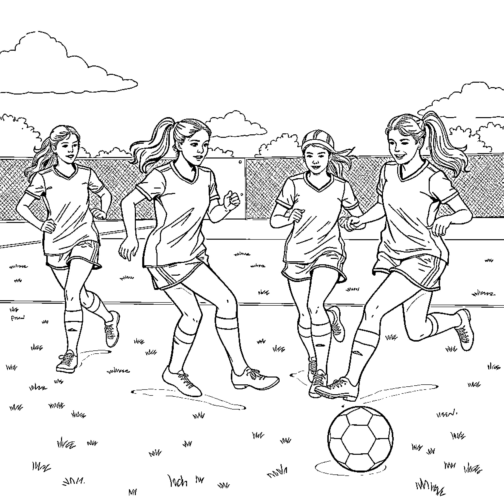 Girls playing soccer on the field Coloring Page (free black-and-white line drawing printable PDF for all, from beginners to advanced learners, including children, teens, adults, and seniors)