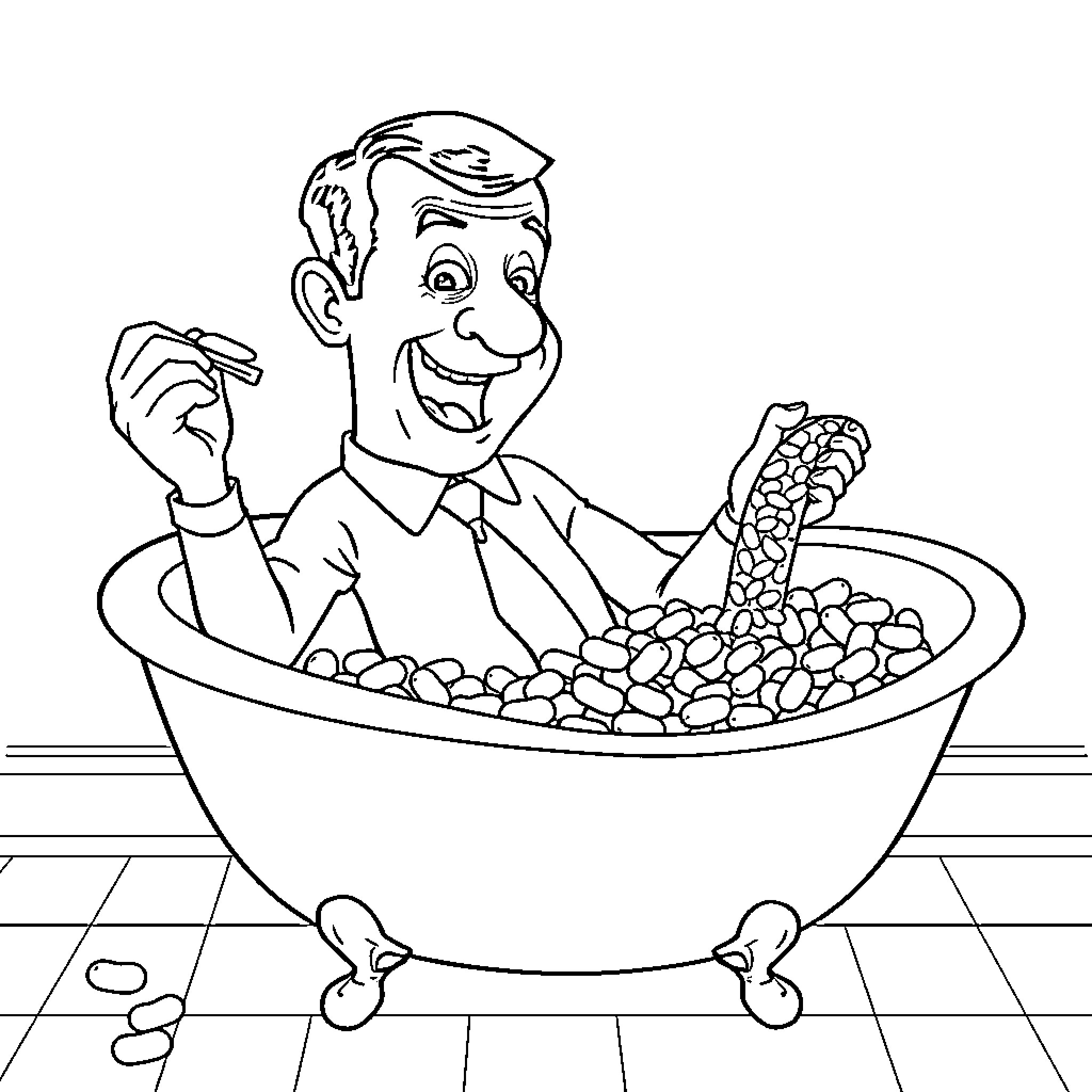Mr Bean Relaxing in a Bubble Bath Coloring Page (free black-and-white line drawing printable PDF for all, from beginners to advanced learners, including children, teens, adults, and seniors)