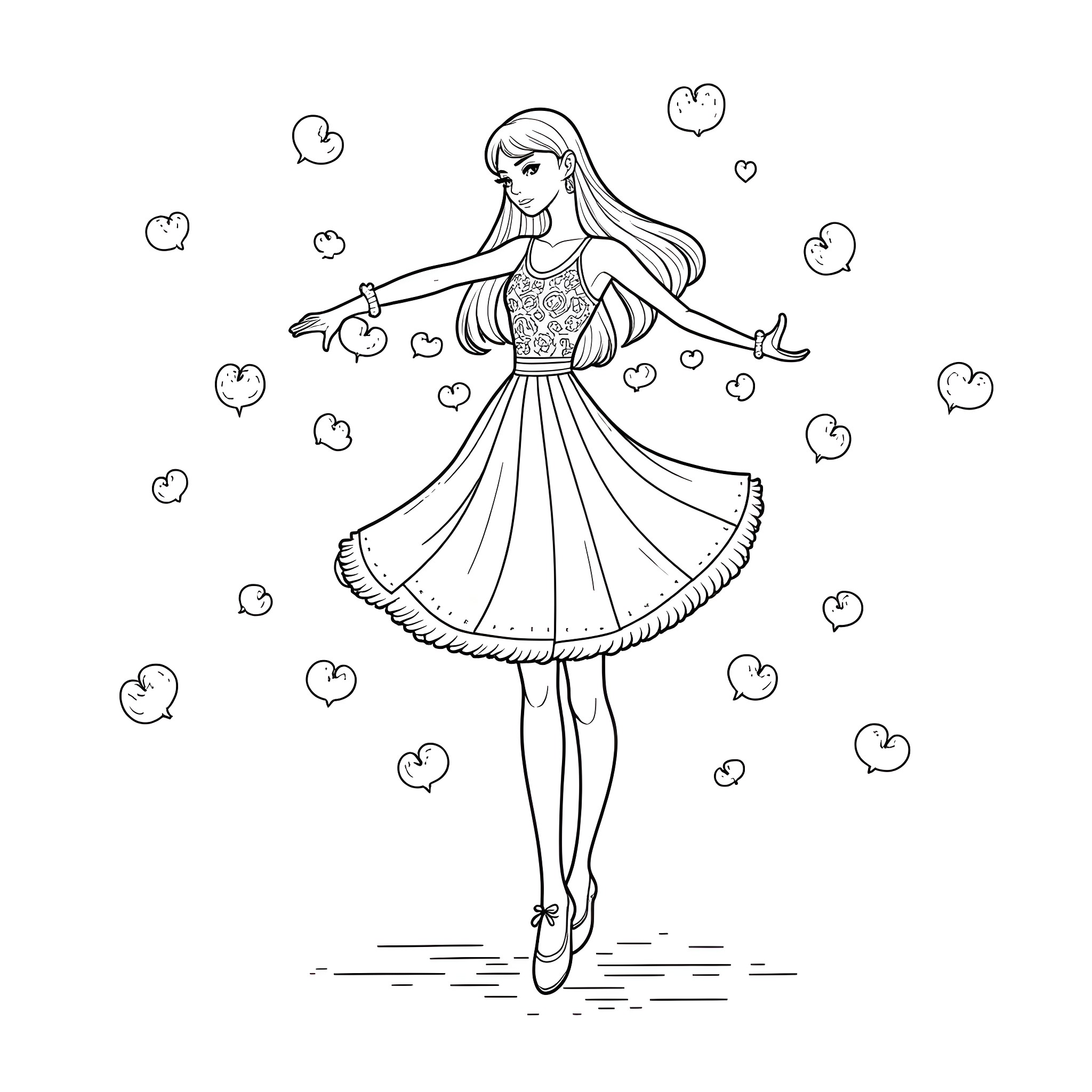 Unicorn Ballerina Dances Gracefully with Hearts Coloring Page (free black-and-white line drawing printable PDF for all, from beginners to advanced learners, including children, teens, adults, and seniors)