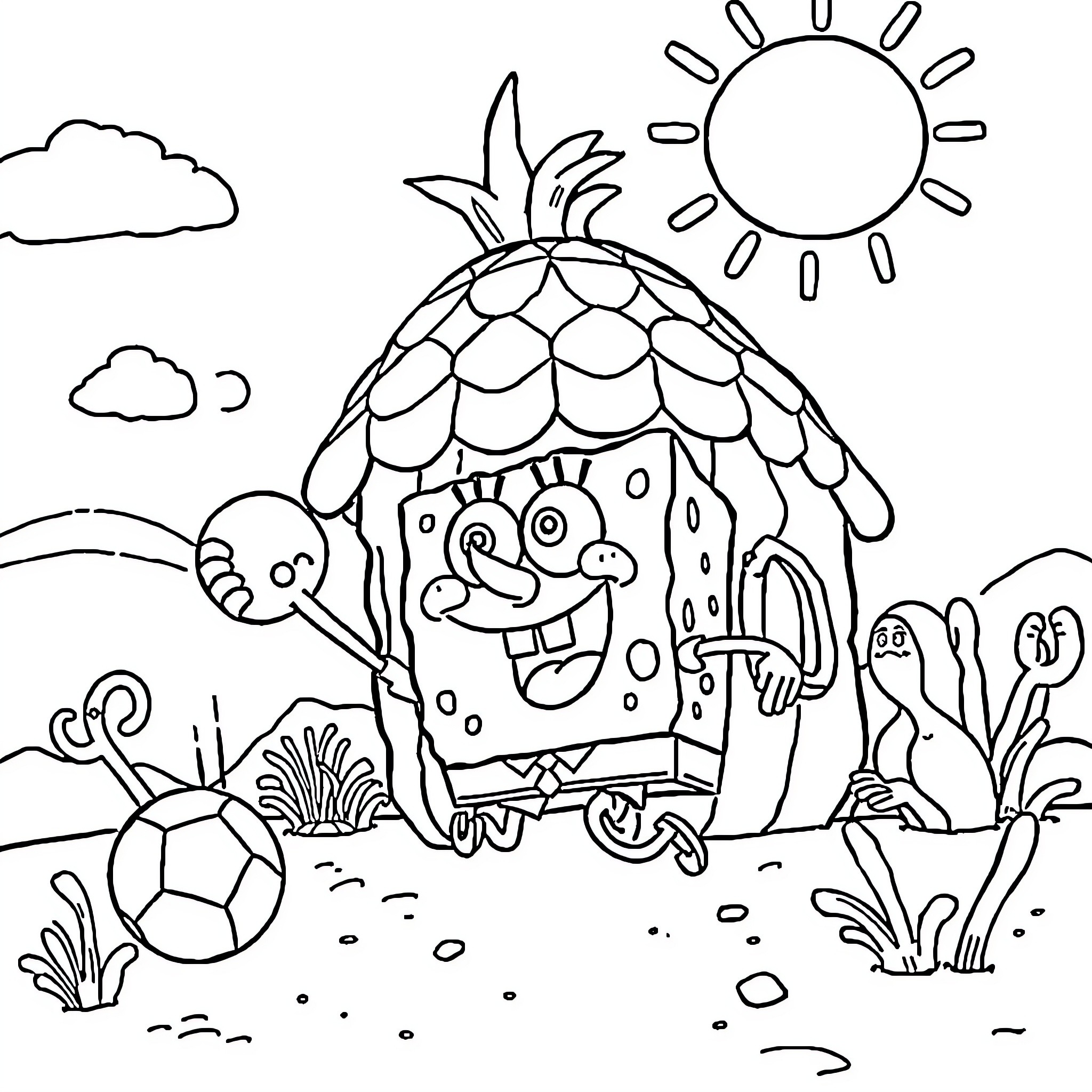 Spongebob's Colorful Outdoor Adventure Coloring Page (free black-and-white line drawing printable PDF for all, from beginners to advanced learners, including children, teens, adults, and seniors)