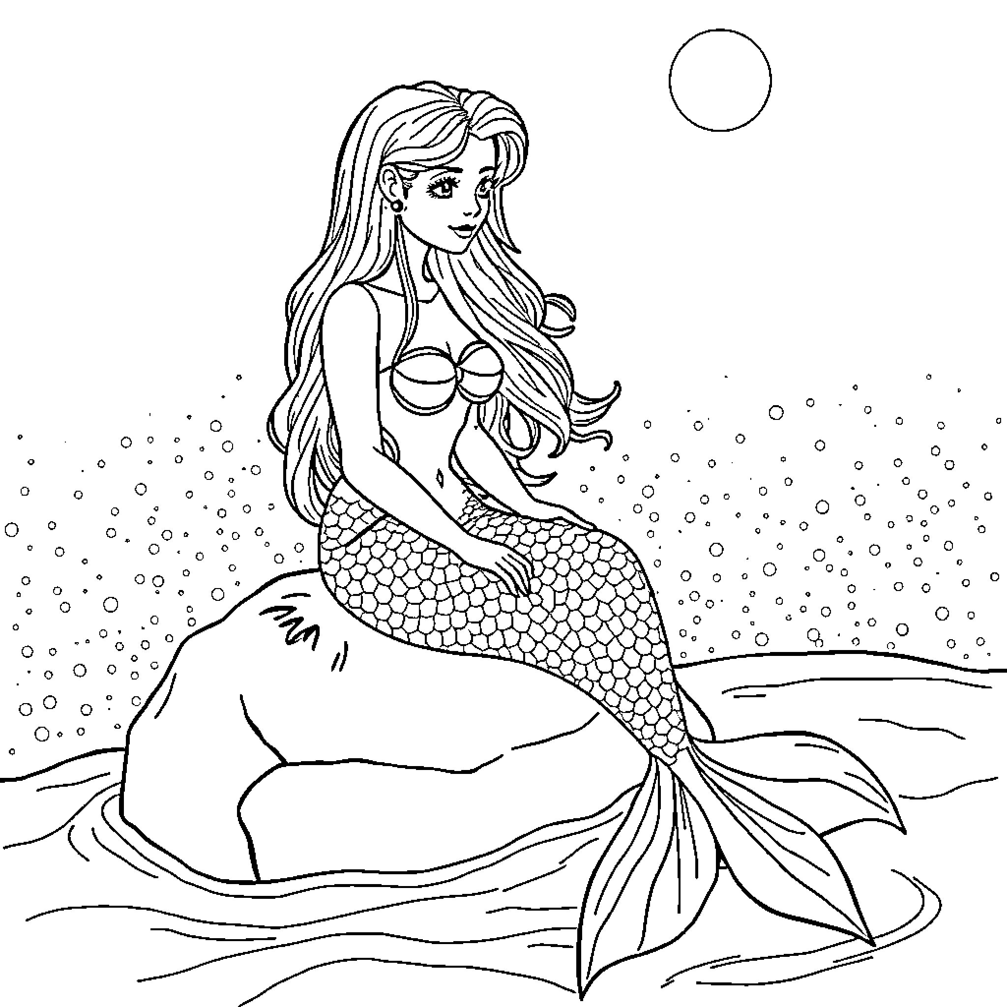 Mermaid relaxing on a rock in the moonlight Coloring Page (free black-and-white line drawing printable PDF for all, from beginners to advanced learners, including children, teens, adults, and seniors)