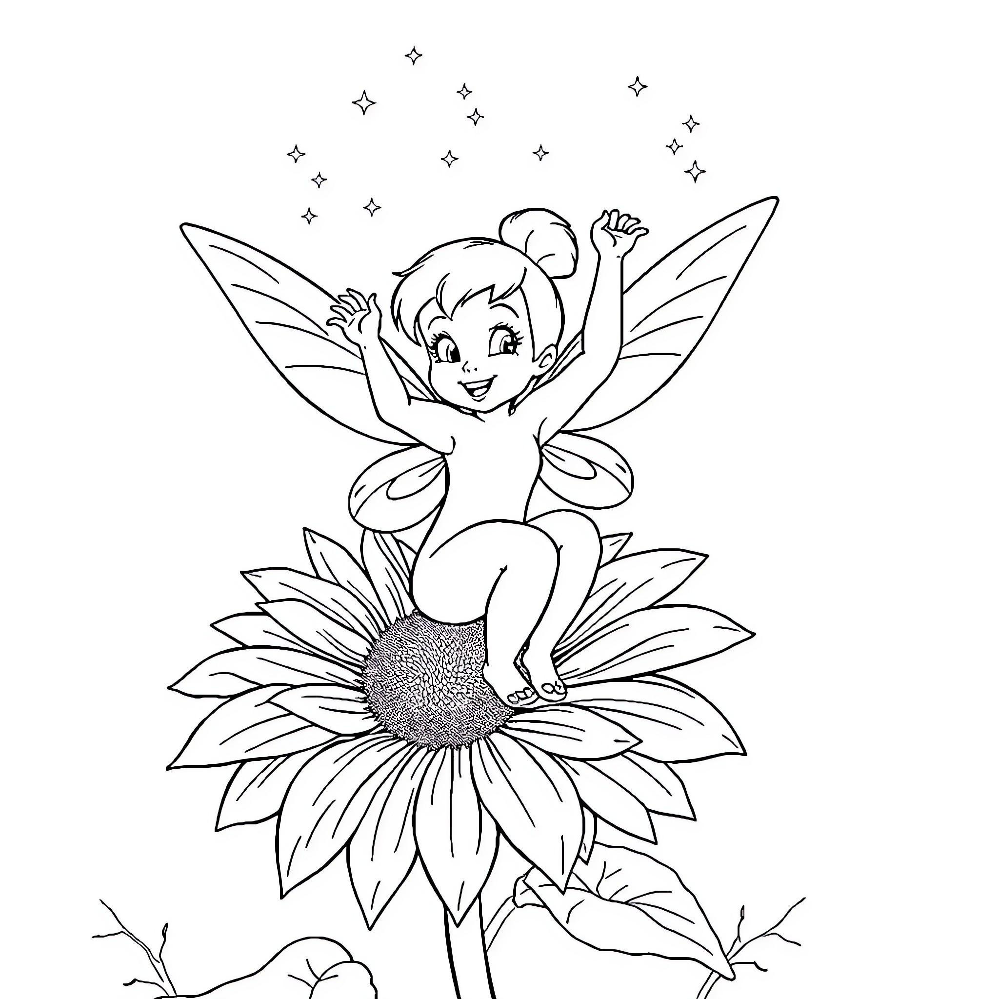 Tinkerbell enjoying a sunny day on a flower Coloring Page (free black-and-white line drawing printable PDF for all, from beginners to advanced learners, including children, teens, adults, and seniors)