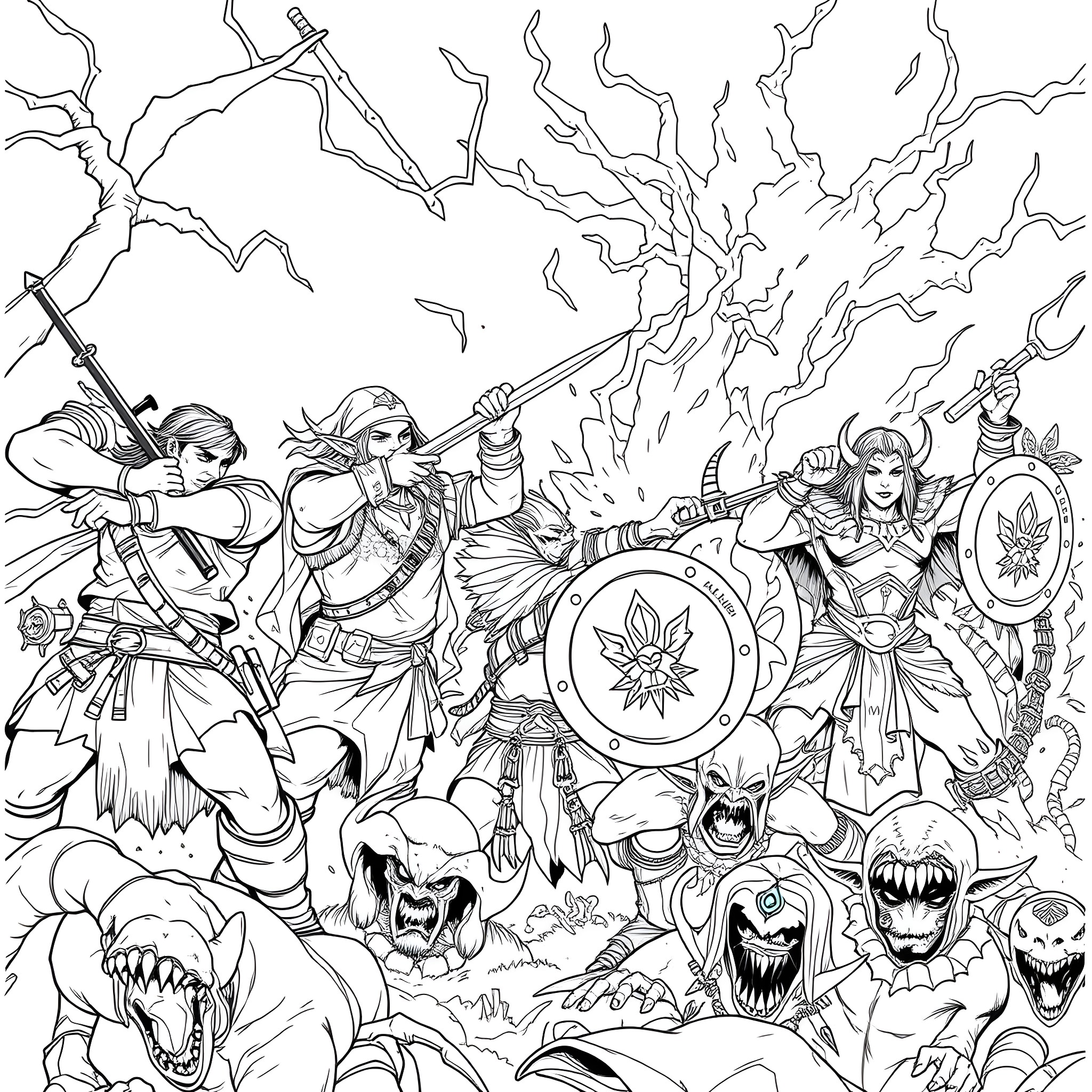 Fantasy Characters in an Epic Battle Coloring Page (free black-and-white line drawing printable PDF for all, from beginners to advanced learners, including children, teens, adults, and seniors)