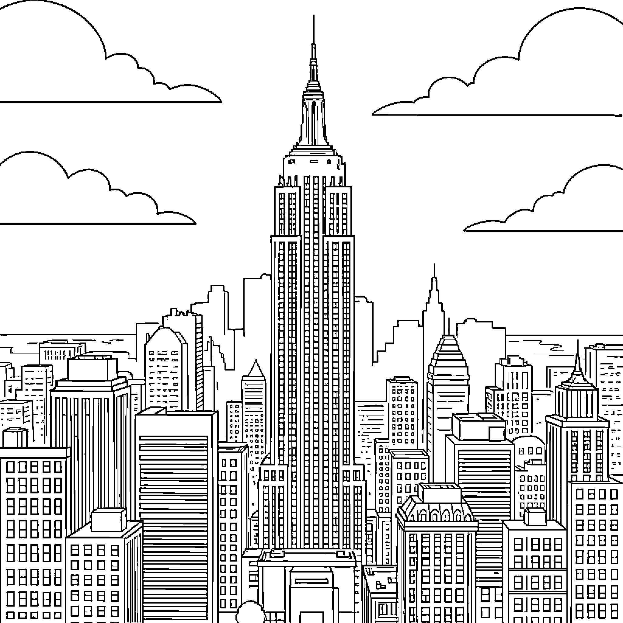 Empire State Building rising above the city skyline Coloring Page (free black-and-white line drawing printable PDF for all, from beginners to advanced learners, including children, teens, adults, and seniors)