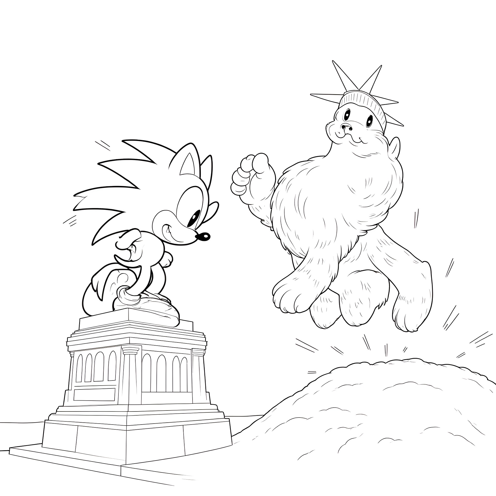 Sonic the Hedgehog explores the Statue of Liberty with a friendly creature Coloring Page (free black-and-white line drawing printable PDF for all, from beginners to advanced learners, including children, teens, adults, and seniors)