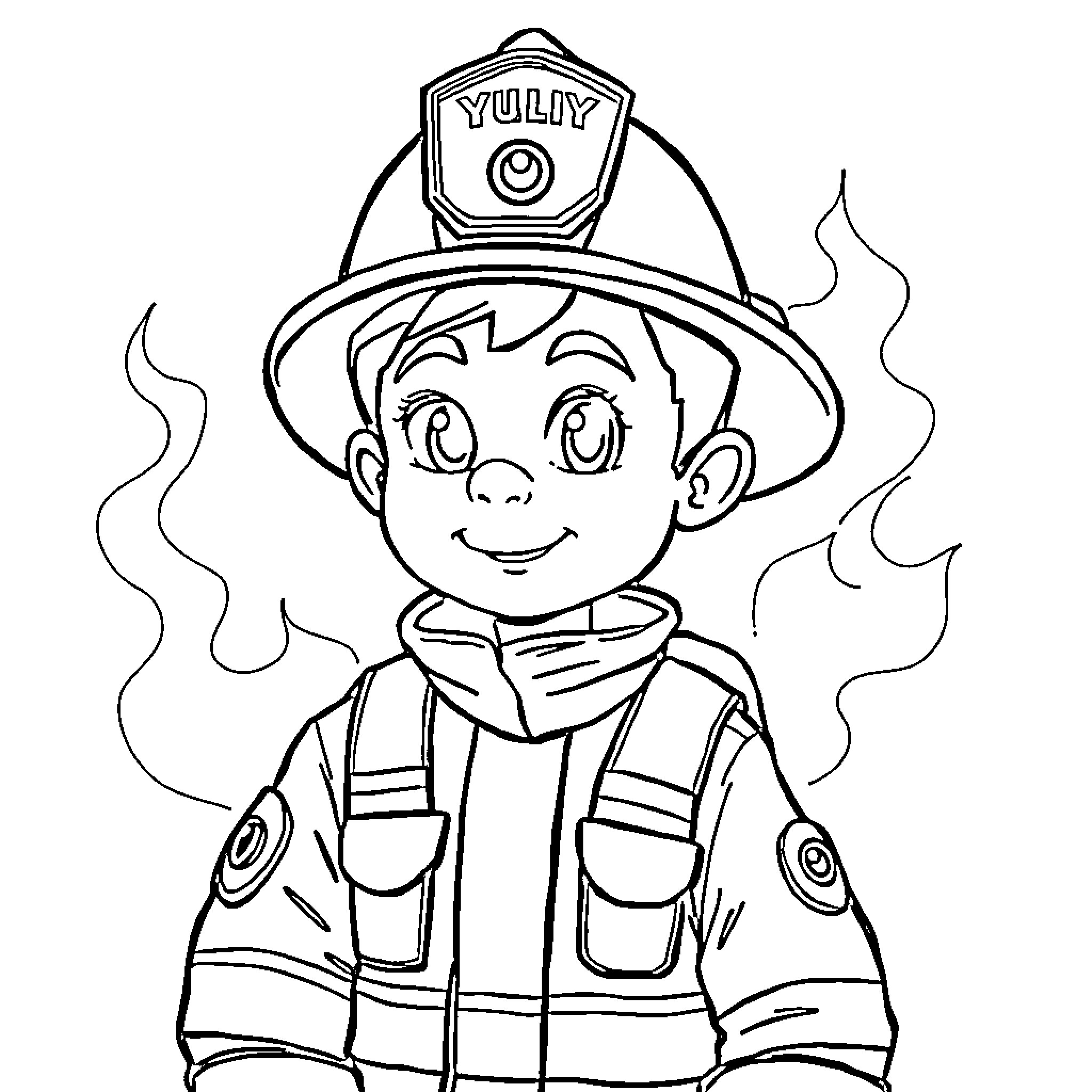 Firefighter in Uniform Smiling Cheerfully Coloring Page (free black-and-white line drawing printable PDF for all, from beginners to advanced learners, including children, teens, adults, and seniors)