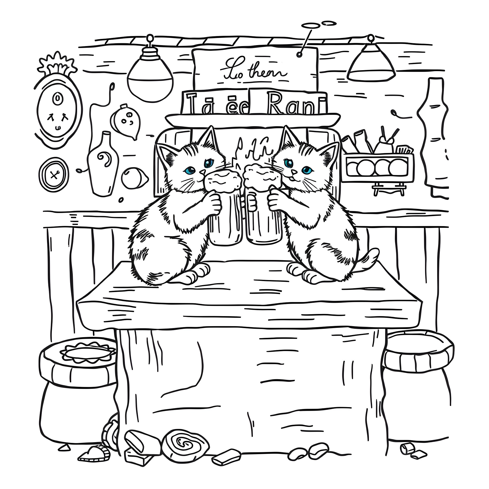 Cats enjoying a drink in a rustic bar Coloring Page (free black-and-white line drawing printable PDF for all, from beginners to advanced learners, including children, teens, adults, and seniors)