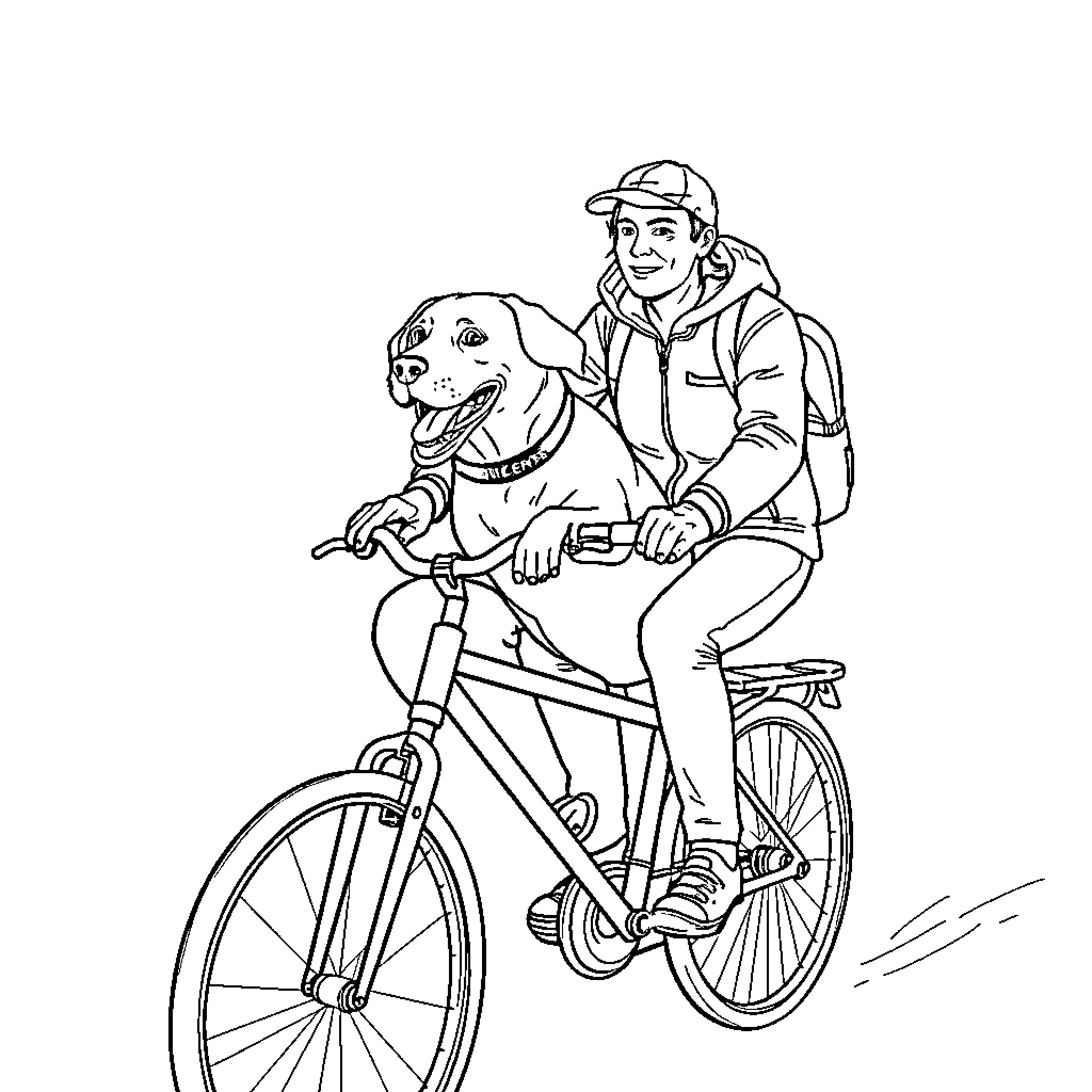 Labrador and owner riding bicycle together Coloring Page (free black-and-white line drawing printable PDF for all, from beginners to advanced learners, including children, teens, adults, and seniors)