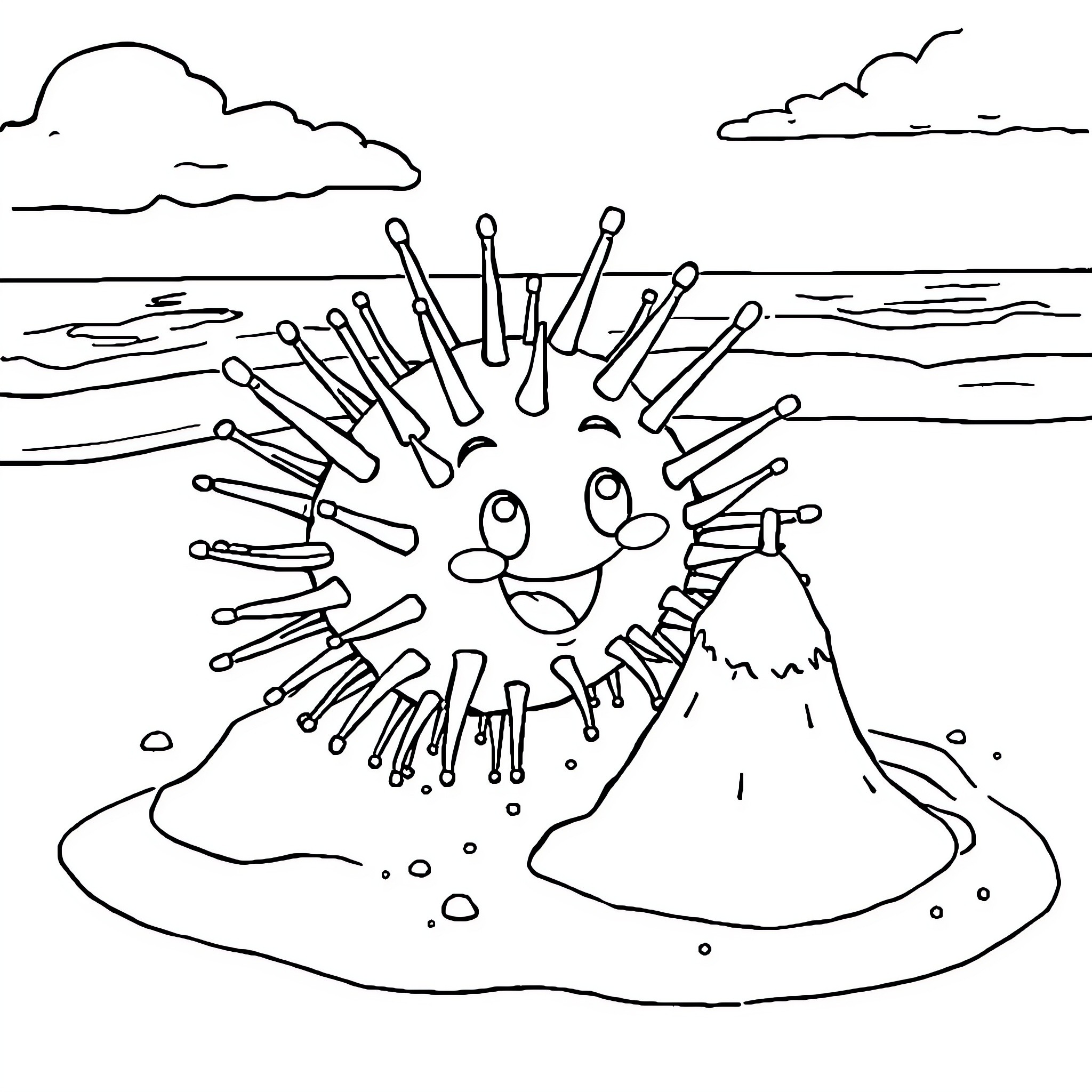 Sea Urchin enjoying the ocean scenery Coloring Page (free black-and-white line drawing printable PDF for all, from beginners to advanced learners, including children, teens, adults, and seniors)