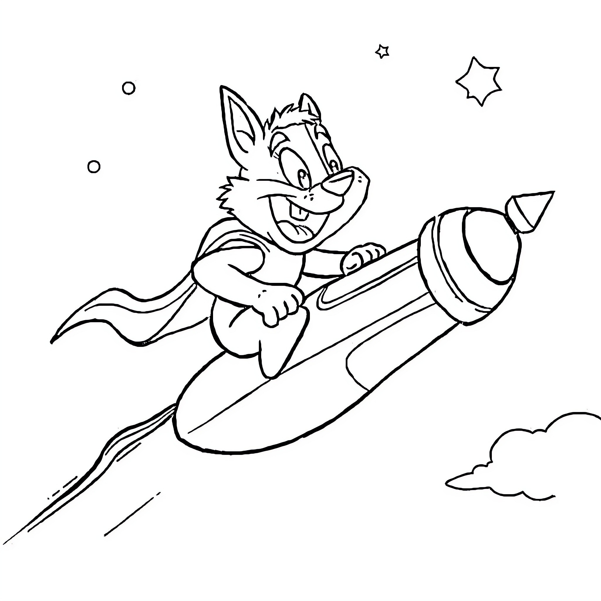 Taz flying through the stars in a rocket ship Coloring Page (free black-and-white line drawing printable PDF for all, from beginners to advanced learners, including children, teens, adults, and seniors)