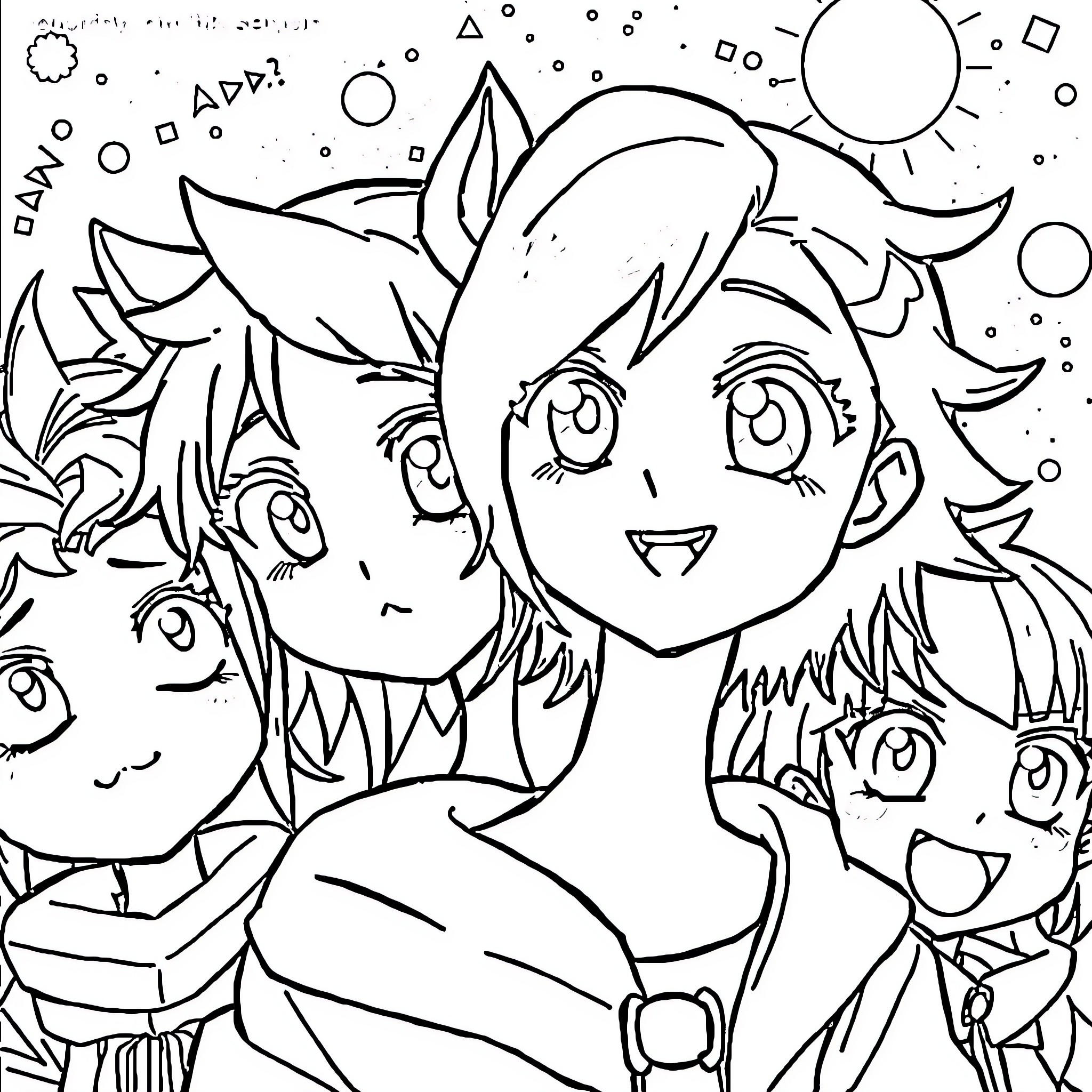 Anime Characters Happily Interacting in Whimsical Scene Coloring Page (free black-and-white line drawing printable PDF for all, from beginners to advanced learners, including children, teens, adults, and seniors)
