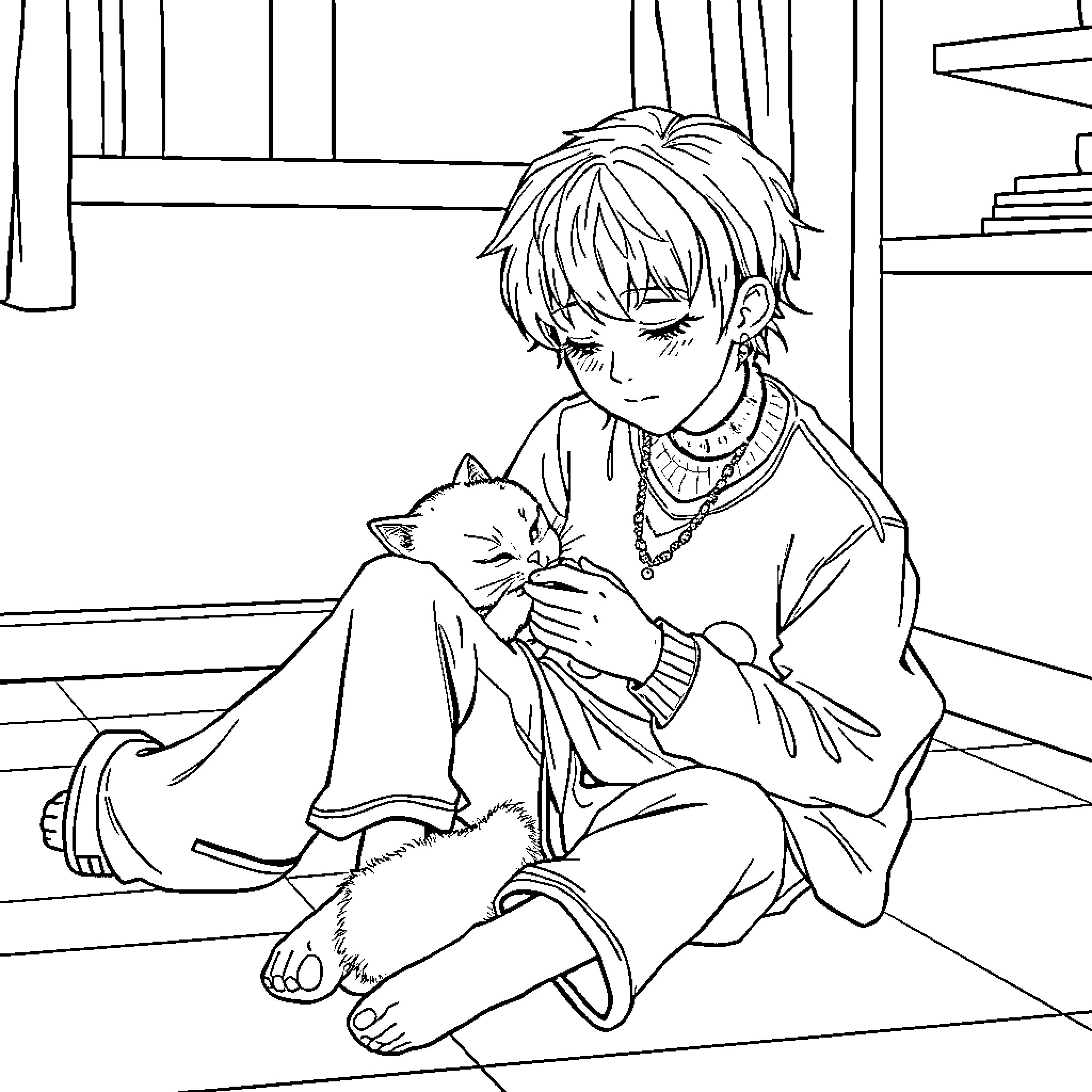 Kpop Boy Comforting Cute Kitten Coloring Page (free black-and-white line drawing printable PDF for all, from beginners to advanced learners, including children, teens, adults, and seniors)
