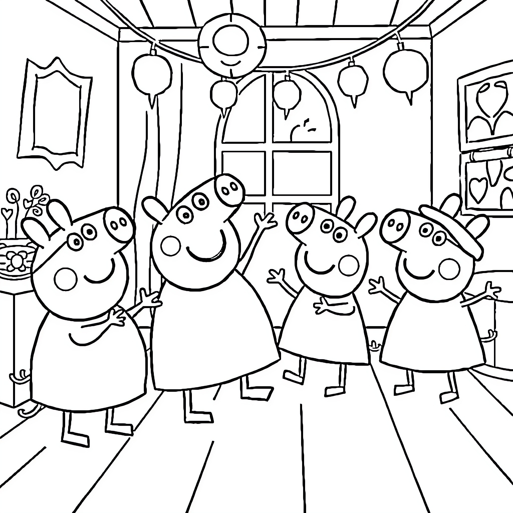 Peppa Pig family at home Coloring Page (free black-and-white line drawing printable PDF for all, from beginners to advanced learners, including children, teens, adults, and seniors)