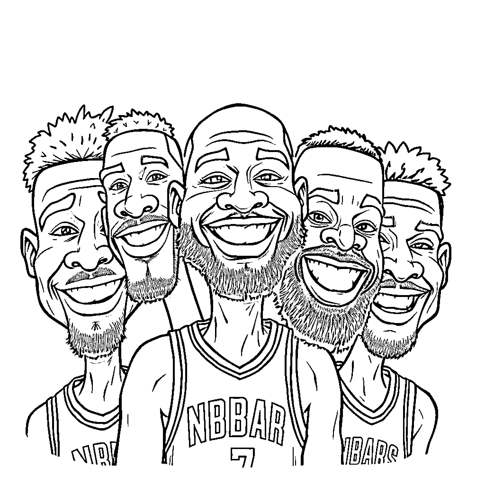 NBA Players Celebrating Together Coloring Page (free black-and-white line drawing printable PDF for all, from beginners to advanced learners, including children, teens, adults, and seniors)