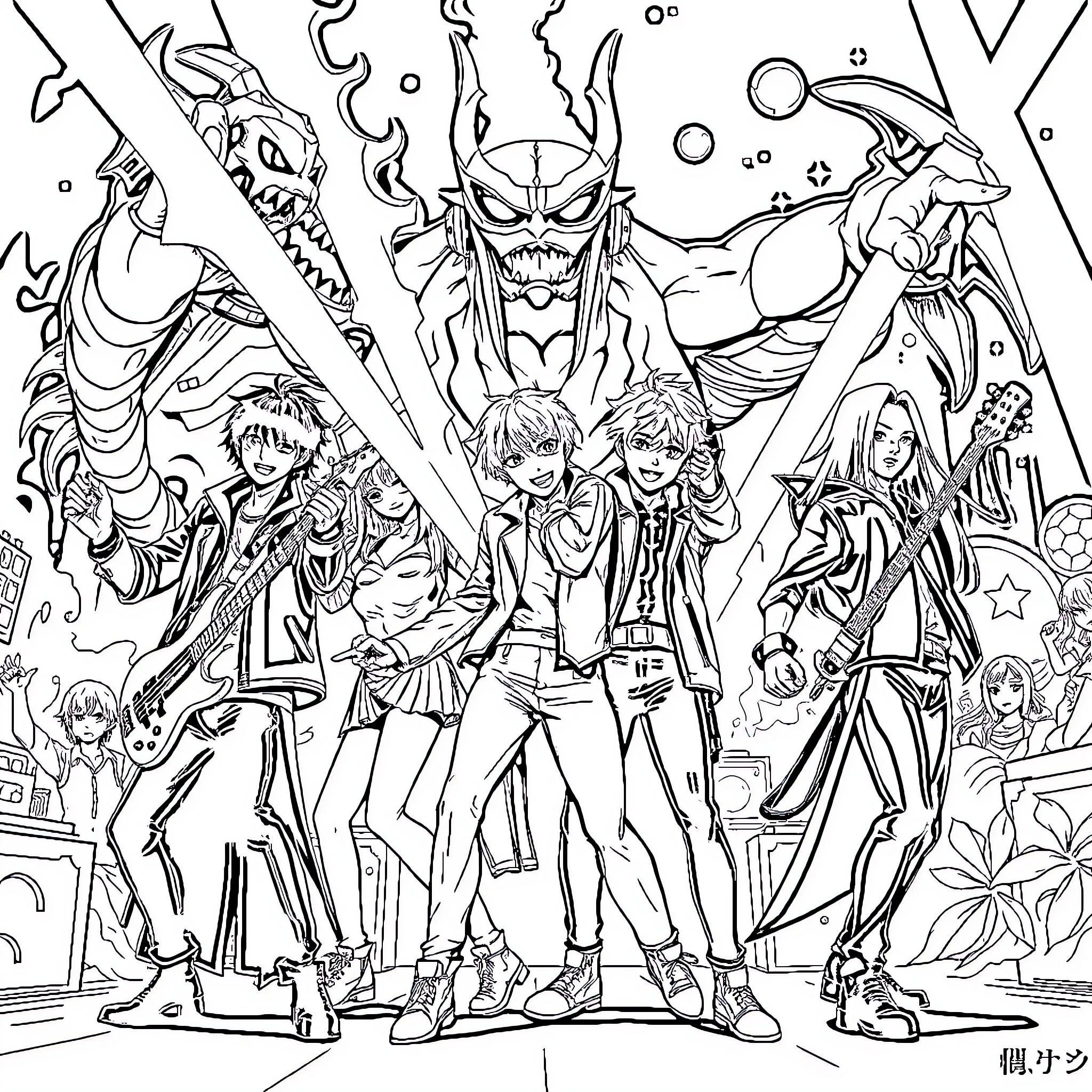K Pop Group Fighting Fierce Villain Coloring Page (free black-and-white line drawing printable PDF for all, from beginners to advanced learners, including children, teens, adults, and seniors)