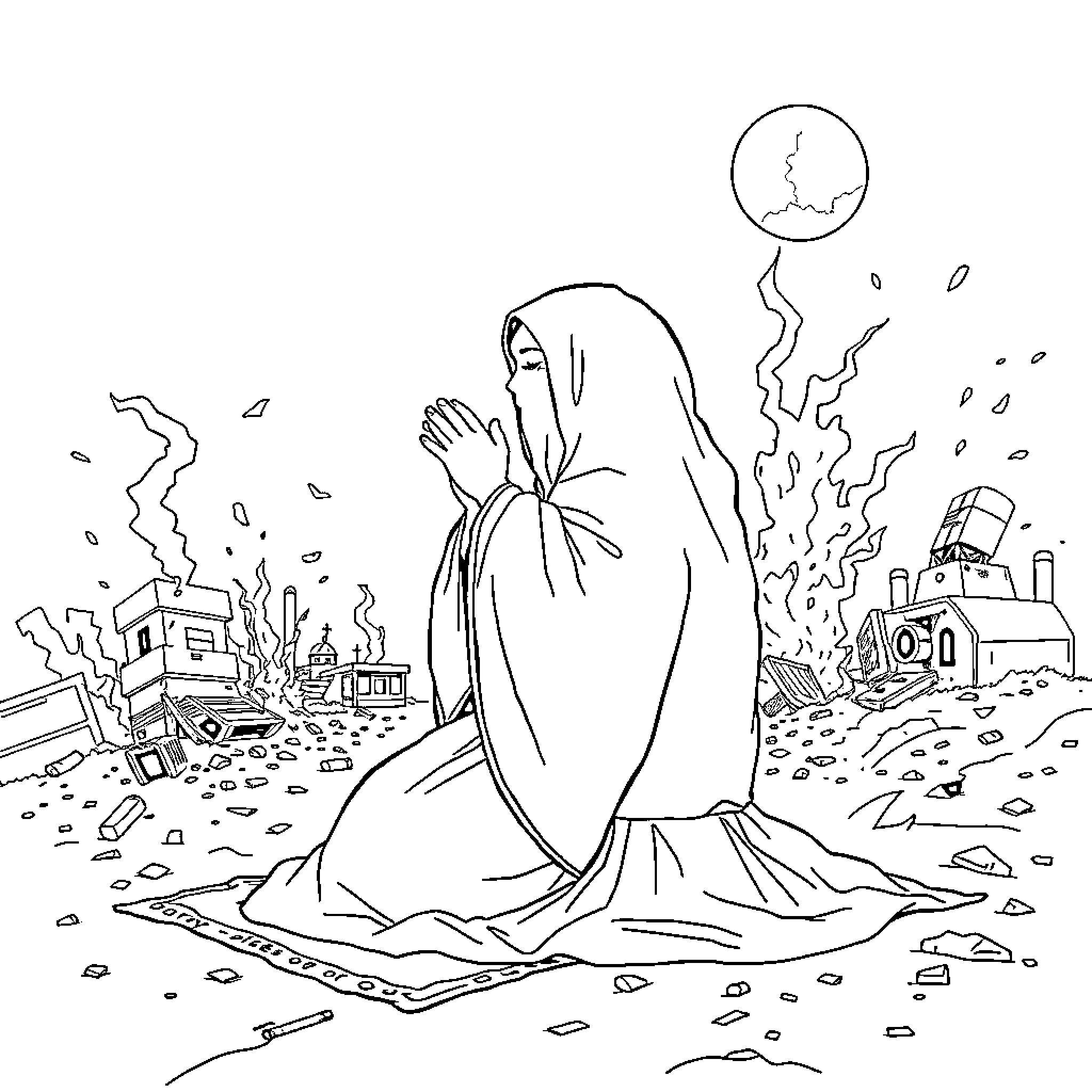 Muslimah in contemplative prayer amid ruins Coloring Page (free black-and-white line drawing printable PDF for all, from beginners to advanced learners, including children, teens, adults, and seniors)