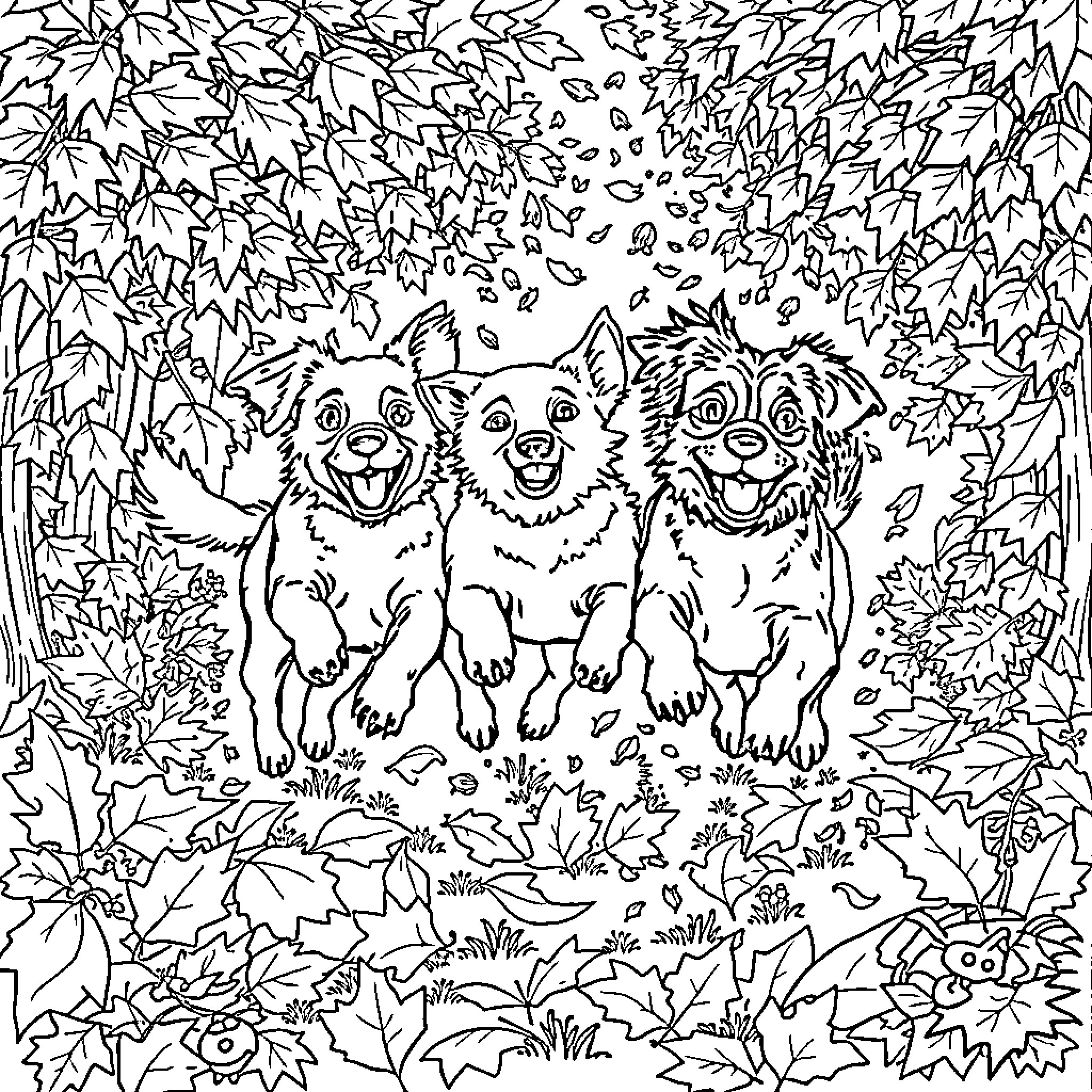 Dog trio frolicking in the autumn leaves Coloring Page (free black-and-white line drawing printable PDF for all, from beginners to advanced learners, including children, teens, adults, and seniors)