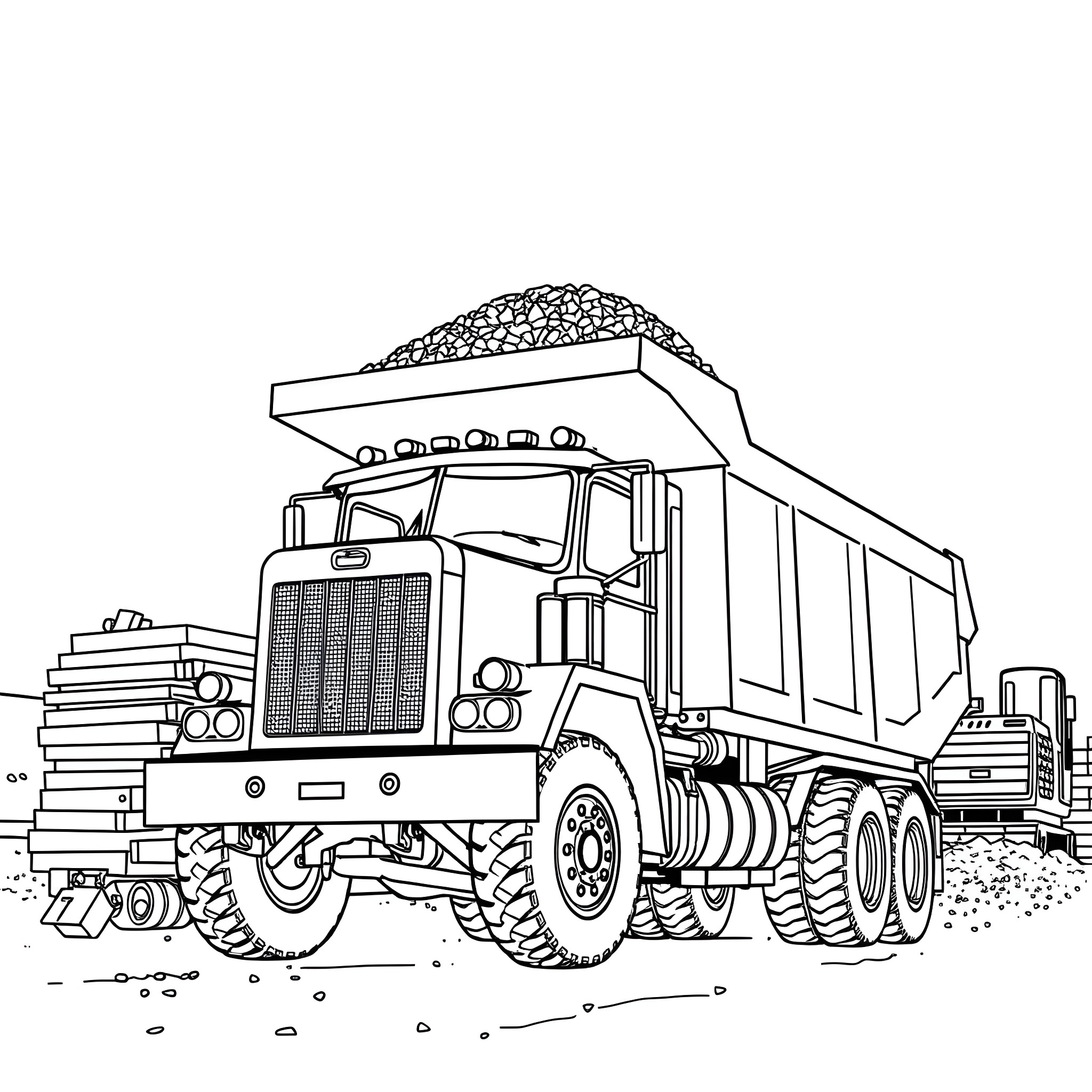Dump Truck Carrying Heavy Load at Construction Site Coloring Page (free black-and-white line drawing printable PDF for all, from beginners to advanced learners, including children, teens, adults, and seniors)